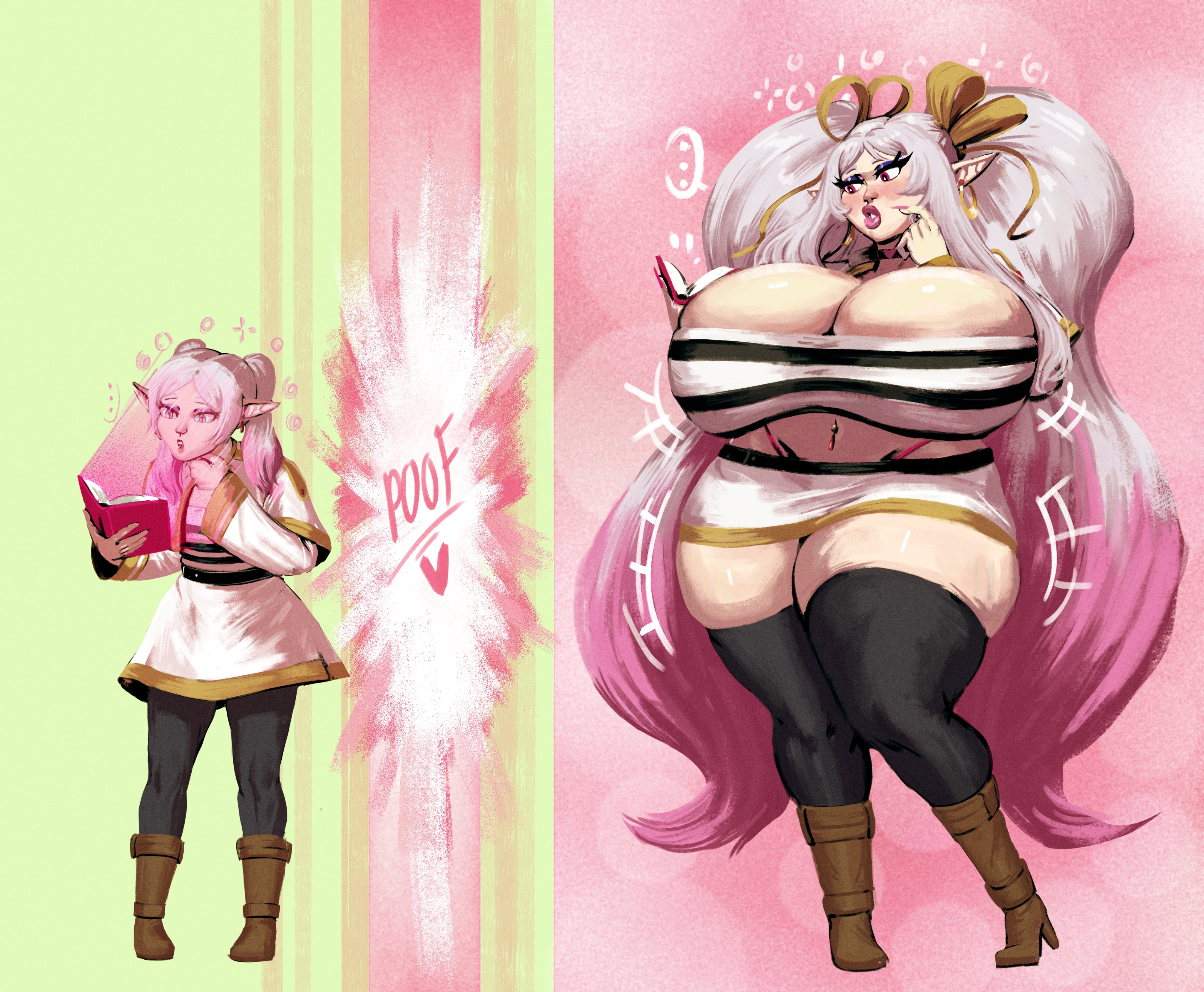 bandeau, before and after, bimbofication, black thighhighs, book, boots, brown boots, elf, female, frieren, frieren beyond journey's end, full body, gigantic breasts, gradient hair, implied transformation, looking at object, miniskirt, multicolored hair, pink hair, pointy ears, redblacktac, skirt, sousou no frieren, standing, striped tube top, taller female, thighhighs, tubetop, twintails, very long hair, white hair, white skirt