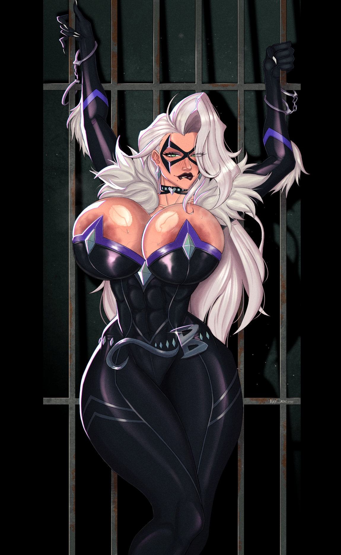 1girls, 2026, 2d, abdominals, abs, alluring, athletic, athletic female, big breasts, biting lip, biting own lip, black cat (marvel rivals), black cat (marvel), bodysuit, bound, bound wrists, breasts, bursting breasts, captured, captured female, captured heroine, captured superheroine, choker, claws, cleavage, collar, curvaceous, curvaceous body, curvaceous female, curvaceous figure, curvy, curvy body, curvy female, curvy figure, domino mask, enticing, eyemask, felicia hardy, female, green eyes, handcuffed, handcuffed to pole, handcuffs, horny, horny female, huge breasts, large breasts, light skin, light-skinned female, looking at viewer, marvel, marvel comics, marvel rivals, mask, masked, masked female, massive breasts, nexjade, round breasts, seducing, shiny, shiny breasts, shiny clothes, shiny skin, skin tight, spider-man (series), superheroine, teasing, teasing viewer, temptation, tempting, tempting viewer, thick breasts, thief, tight clothes, tight clothing, voluptuous, voluptuous female, white fur, white hair