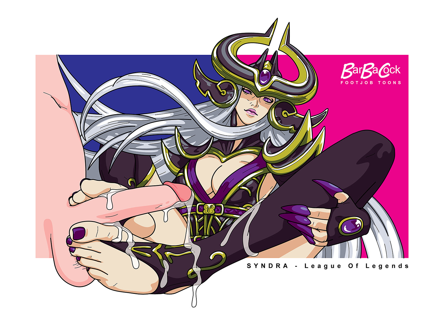 barbacock, cum, cum on feet, feet, female, foot fetish, foot focus, footjob, footjob with legwear, footwear, league of legends, nail polish, painted nails, purple nails, syndra, toes