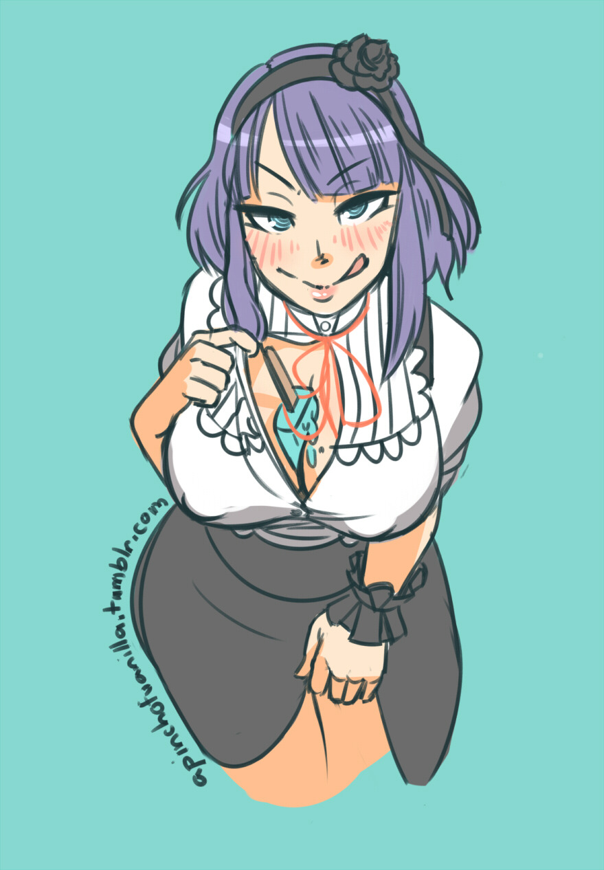 1girls, 2016, a pinch of vanilla, bent over, breasts, cleavage, clothed, dagashi kashi, female, female only, flashing, half-closed eyes, human, ice cream, large breasts, purple hair, shidare hotaru, sketch, skirt, text, thick thighs, url, watermark, wide hips