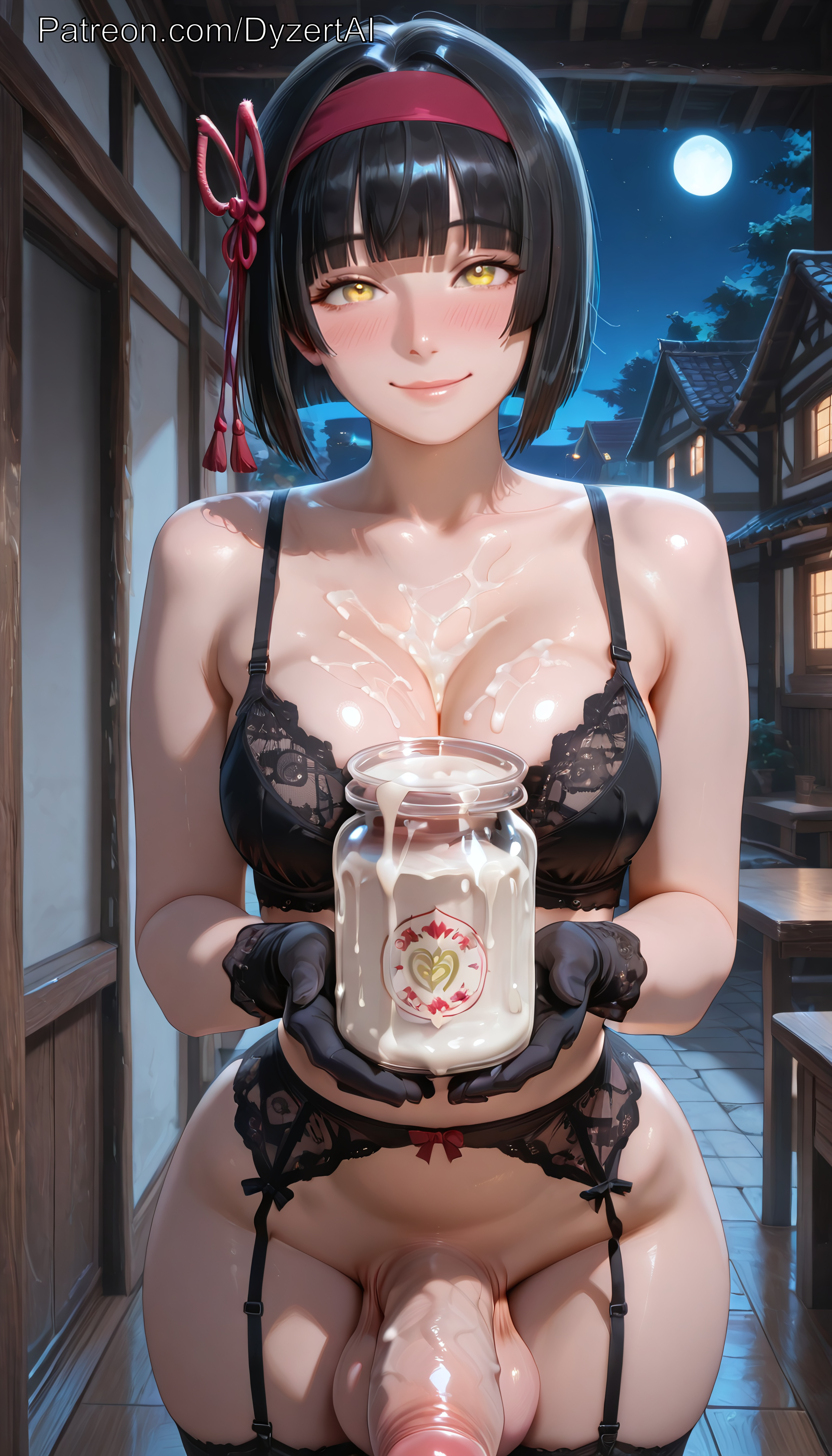 1futa, 2026, ai generated, bangs, black hair, blush, bob cut, breasts, cock, cum, cum bottle, cum filled bottles, cum in container, cum in glass, cum jar, cum on breasts, dark hair, dyzertai, futanari, garter belt, gloves, holding object, huge balls, huge cock, huge testicles, indoors, lingerie, lips, looking at viewer, medium breasts, mio (tsuki ga michibiku isekai douchuu), night, offering to viewer, penis, self upload, short hair, solo, tsuki ga michibiku isekai douchuu, yellow eyes