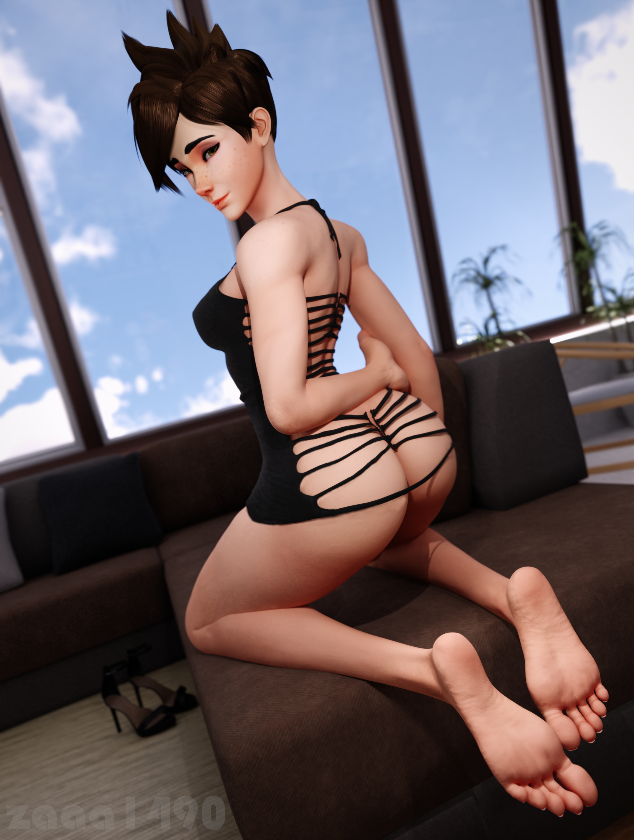 1girls, 3d, 3d (artwork), ass, barefoot, blender, blender (software), blizzard entertainment, breasts, brown hair, dress, feet, feet focus, female, female focus, female only, foot fetish, high heels, kneeling, legs, looking at viewer, looking back, overwatch, revealing clothes, revealing dress, showing off, soles, toes, tracer, zaaa1490