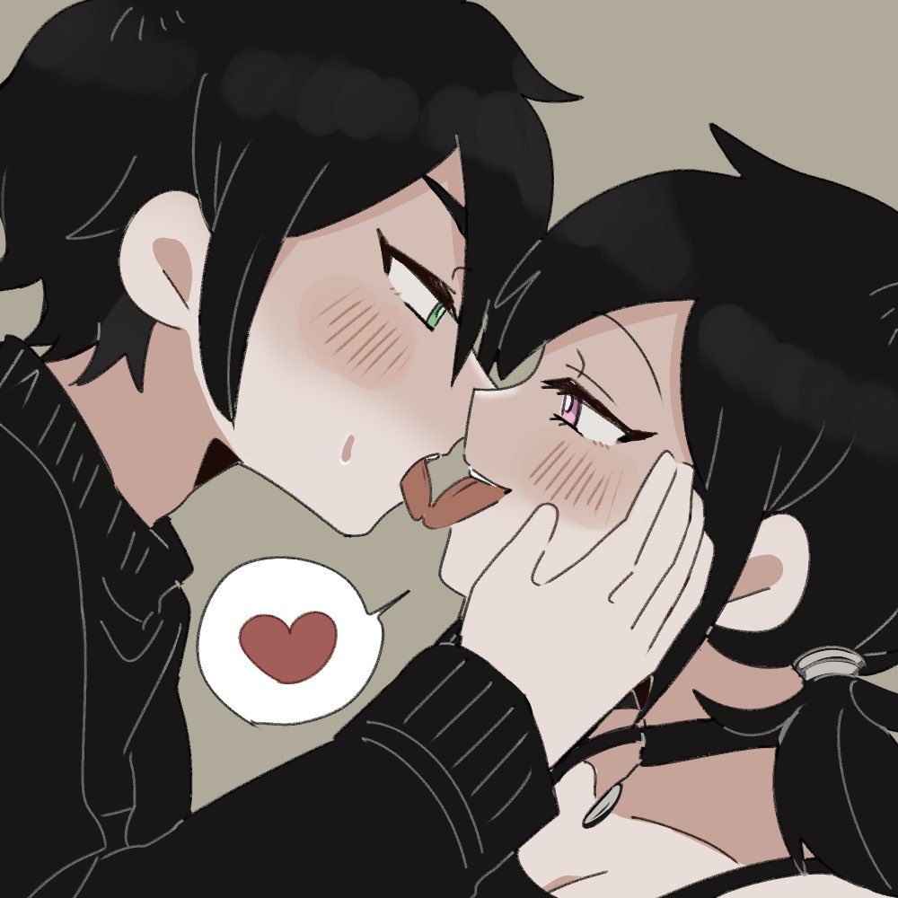 1boy, andou (sino spkt), andrew graves, ashley graves, black collar, black hair, black shirt, black vest, blush, brother and sister, collar, female, french kiss, from side, green eyes, hand on another's cheek, hand on another's face, heart, incest, kissing, looking at another, low twintails, pink eyes, shirt, siblings, simple background, smile, speech bubble, spoken heart, straight, sweat, the coffin of andy and leyley, tongue, tongue out, twintails, upper body, vest