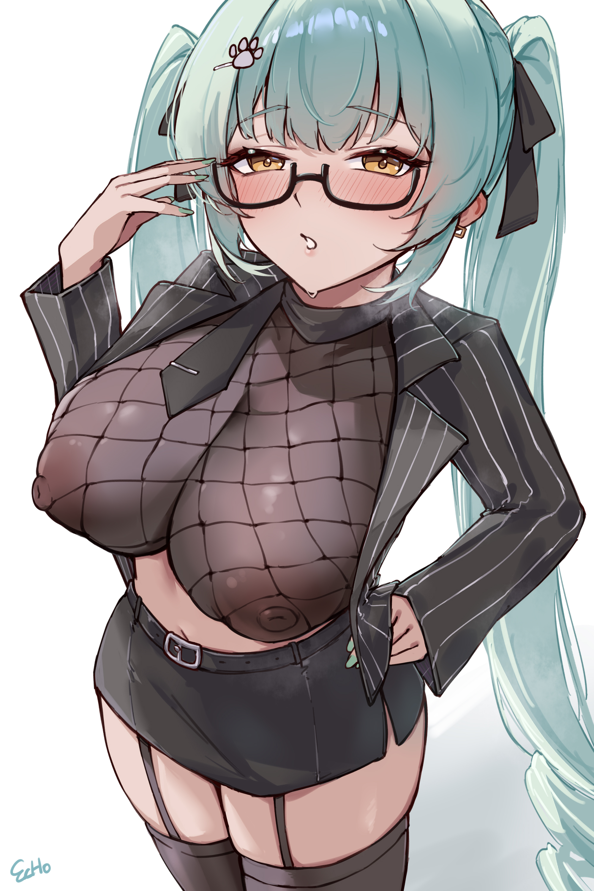 1girls, aqua hair, areolae, areolae visible through clothing, big breasts, big thighs, blush, braless, e.c.ho, female, female only, garter belt, garter straps, glasses, goddess of victory: nikke, huge breasts, miniskirt, nail polish, navel, nipples, nipples outside, nipples visible through clothing, no bra, open jacket, painted fingernails, painted nails, privaty (nikke), privaty (sharp lesson) (nikke), revealing clothes, skimpy clothes, skindentation, skirt, stockings, teacher, teacher outfit, thick thighs, thighhighs, twintails, wide hips, yellow eyes