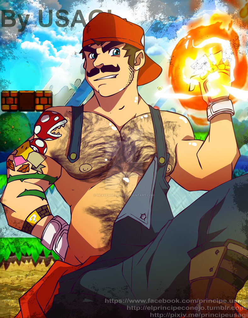 1boy clothing male male_focus male_only mario mario_(series) moustache muscle nintendo nipples outdoors overalls solo standing super_mario_bros. tattoo usagi_(artist) video_games