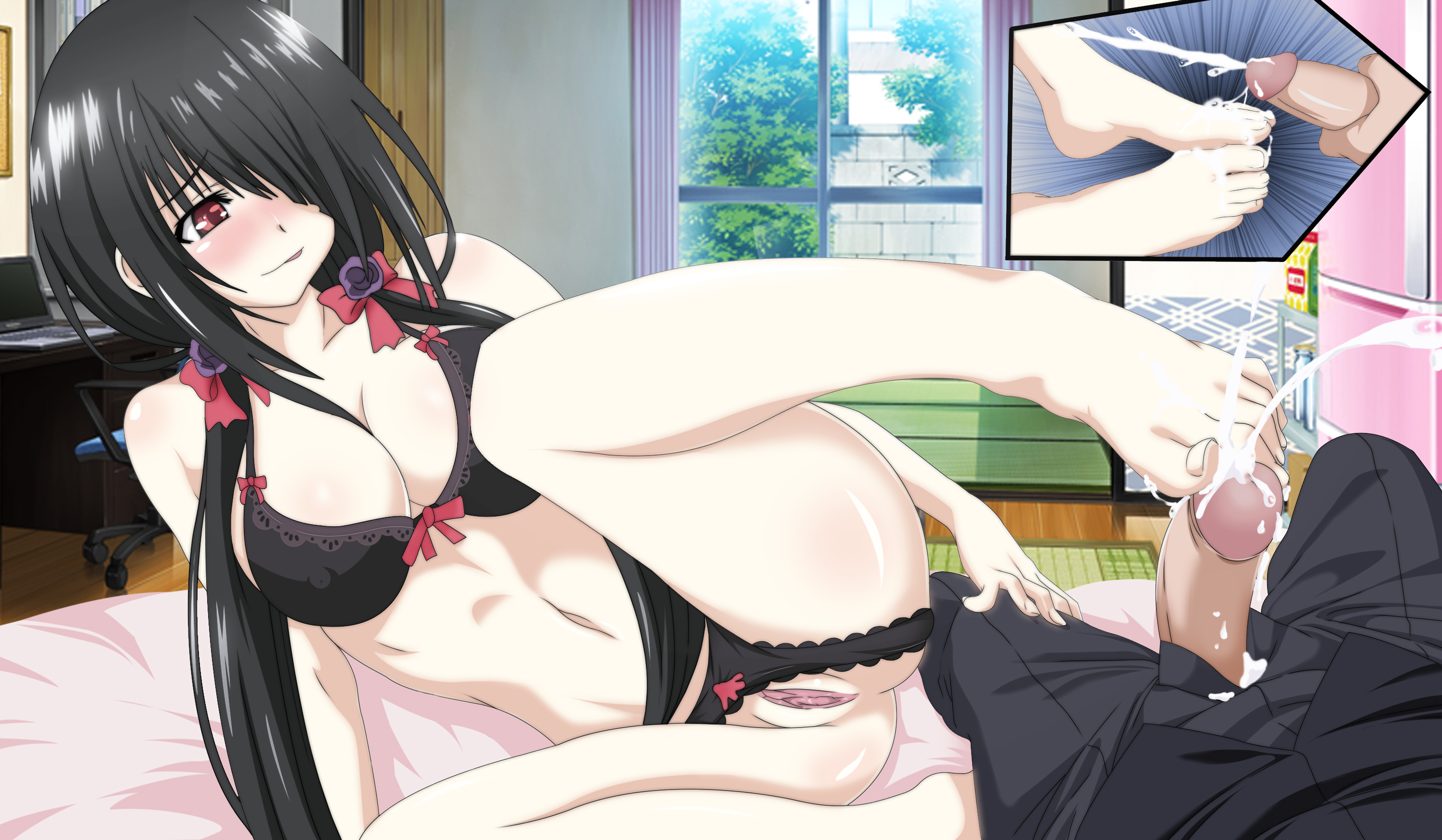 1boy, 1girls, barefoot, bedroom, black bra, black hair, black panties, blush, breasts, cum, cum between toes, cum on feet, cum on toes, cumshot, date a live, erect nipples under clothes, faceless male, feet, feet together, feet up, female, foot fetish, footjob, hair flower, hair over one eye, happy, indoors, itsuka shido, large breasts, light skin, light-skinned female, light-skinned male, lingerie, long hair, male, navel, neeba, on bed, orgasm, penis, pussy, red eyes, smile, teenager, toes, tokisaki kurumi, tongue, vagina