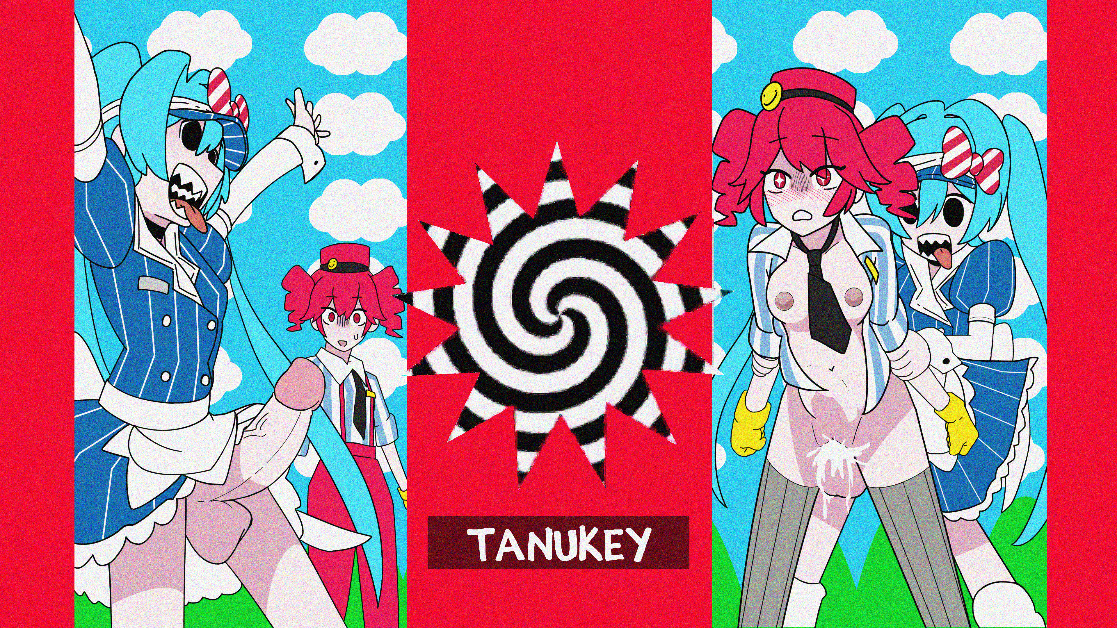 2d, 2d (artwork), 2d artwork, 3girls, 4girls, apron, aqua hair, artist logo, artist signature, artist upload, big balls, big cock, big penis, black necktie, blue, blue hair, blue sky, blush, breasts, bulge, bulge through clothing, bulge under clothes, bulging belly, clothed sex, clothes, clothes lift, cloud, cock, color, colored, colorful, coloured, creampied, cum, cum drip, cum in pussy, cum inside, dick, dickgirl, dickgirl domination, dickgirl penetrating, dickgirl/female, drawing, drill hair, erection, female, female human, female on top, female penetrated, female/female, futa on female, futa with female, futadom, futanari, futanari on female, futanari penetrating, futanari/female, gloves, grabbing, grabbing from behind, hat, hatsune miku, huge balls, huge cock, huge penis, huge testicles, hung futa, hung futanari, hung trap, kasane teto, kasane teto (sv), long hair, mesmerizer (vocaloid), mesmerizer miku, mesmerizer teto, miku hatsune, multiple girls, music, music video, musician, navel, necktie, nipples, open mouth, parody, penetrated, penetrating, penetrating pussy, penetration, penetration from behind, penis, penis out, pussy, pussy ejaculation, red, red eyes, red hair, red headwear, sex, sharp teeth, shemale, shirt, skinny, skinny arms, skinny female, skinny futa, skinny girl, skinny legs, skirt, sky, slim girl, slim waist, striped, sunglasses, tanukey, tanukeyy, teen, teen girl, teenage, teenage female, teenage girl, teenager, teeth, testicles, teto, thighhighs, tongue, tongue out, twin drills, twintails, uncensored, utau, vaginal penetration, vertical stripes, very long hair, vocaloid