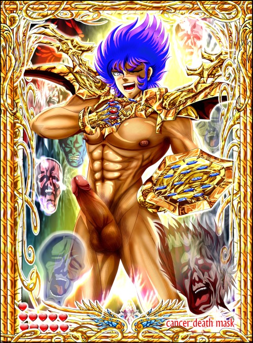 armor cancer_deathmask erection glove hair heart lucifer_seraphim male male_only playing_card saint_seiya shield solo_male uncensored wink