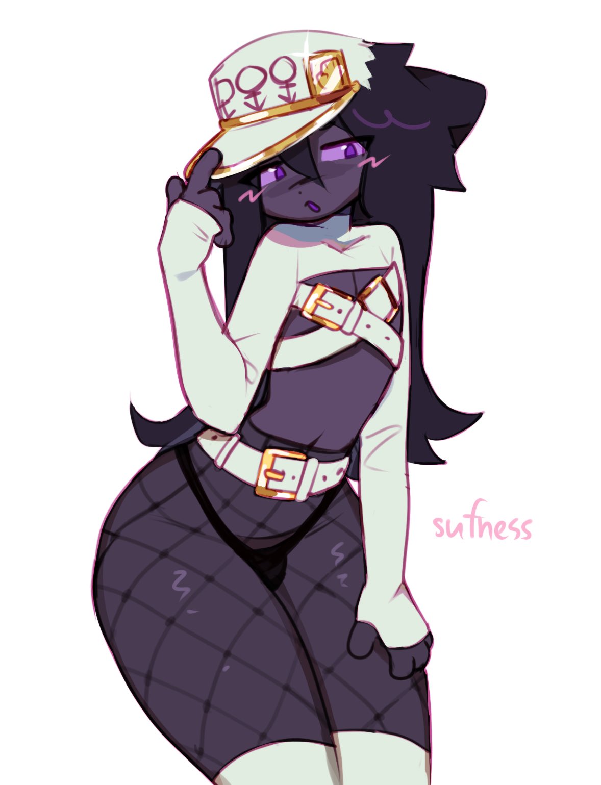 1boy, belt, black hair, cat ears, catboy, crop top, crossover, crossover cosplay, dark skin, dark-skinned femboy, dark-skinned male, dark-skinned twink, enderman, femboy, fishnets, jojo reference, jotaro kujo (cosplay), legwear, long sleeves, male, male focus, male only, minecraft, panties, purple eyes, stockings, sufness, thighhighs, twink, white legwear, white topwear