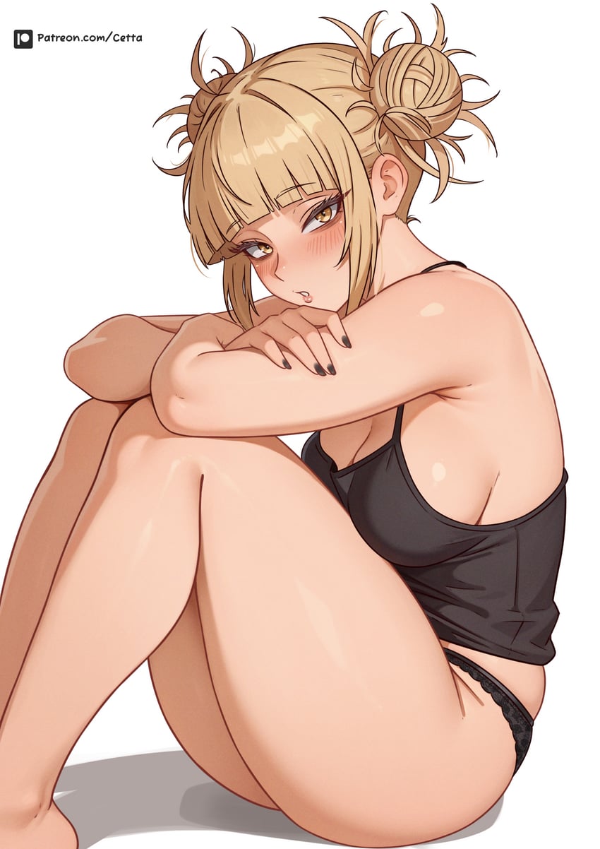 1girls, absurd res, arm on knee, artist name, bags under eyes, barefoot, big breasts, black camisole, black nails, black panties, black tank top, blonde hair, blunt bangs, blush, boku no hero academia, breasts, camisole, cetta (cettadvd), cleavage, double bun, hairbun, highres, himiko toga, knees up, lace, lace panties, large breasts, looking at viewer, messy hair, my hero academia, nail polish, panties, sideboob, simple background, sitting, solo, tank top, thighs, toga himiko, underwear, white background, yellow eyes
