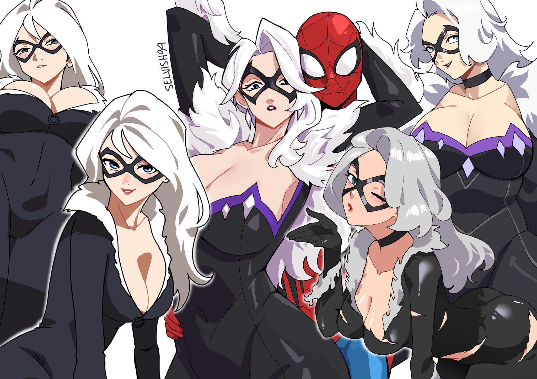 1boy, 1boy1girl, 1girl1boy, 1girls, 2026, 2d, 5girls, alluring, big breasts, black cat (marvel rivals), black cat (marvel), blue eyes, bodysuit, breasts, bursting breasts, choker, cleavage, collar, couple, couple (romantic), couples, curvaceous, curvaceous body, curvaceous female, curvaceous figure, curvaceous hips, curvy, curvy body, curvy female, curvy figure, curvy hips, domino mask, enticing, eyemask, felicia hardy, female, hand on partner's waist, hand on waist, hands on head, hands on partner's head, hips, holding partner, hourglass figure, huge breasts, large breasts, light skin, light-skinned female, male, marvel, marvel comics, marvel rivals, mask, masked, masked female, massive breasts, multiple girls, netease games, peter parker, pose, posing, red lipstick, romantic, romantic couple, seducing, seductive, seductive look, seductive pose, selvish94, shiny, shiny clothes, sitting, skin tight, spider-man, spider-man (marvel rivals), spider-man (series), superhero, superhero couple, superheroine, teasing, temptation, tempting, thick, thick breasts, thick hips, thick thighs, tight clothes, tight clothing, tights, torn bodysuit, torn clothes, voluptuous, voluptuous female, white fur, white hair, wide hips