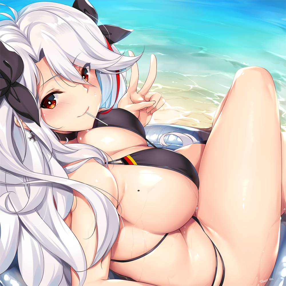 1girls azur_lane beach big_breasts bikini breasts cleavage female female_only large_breasts looking_at_viewer prinz_eugen_(azur_lane) sideboob solo text tony_guisado v watermark wet