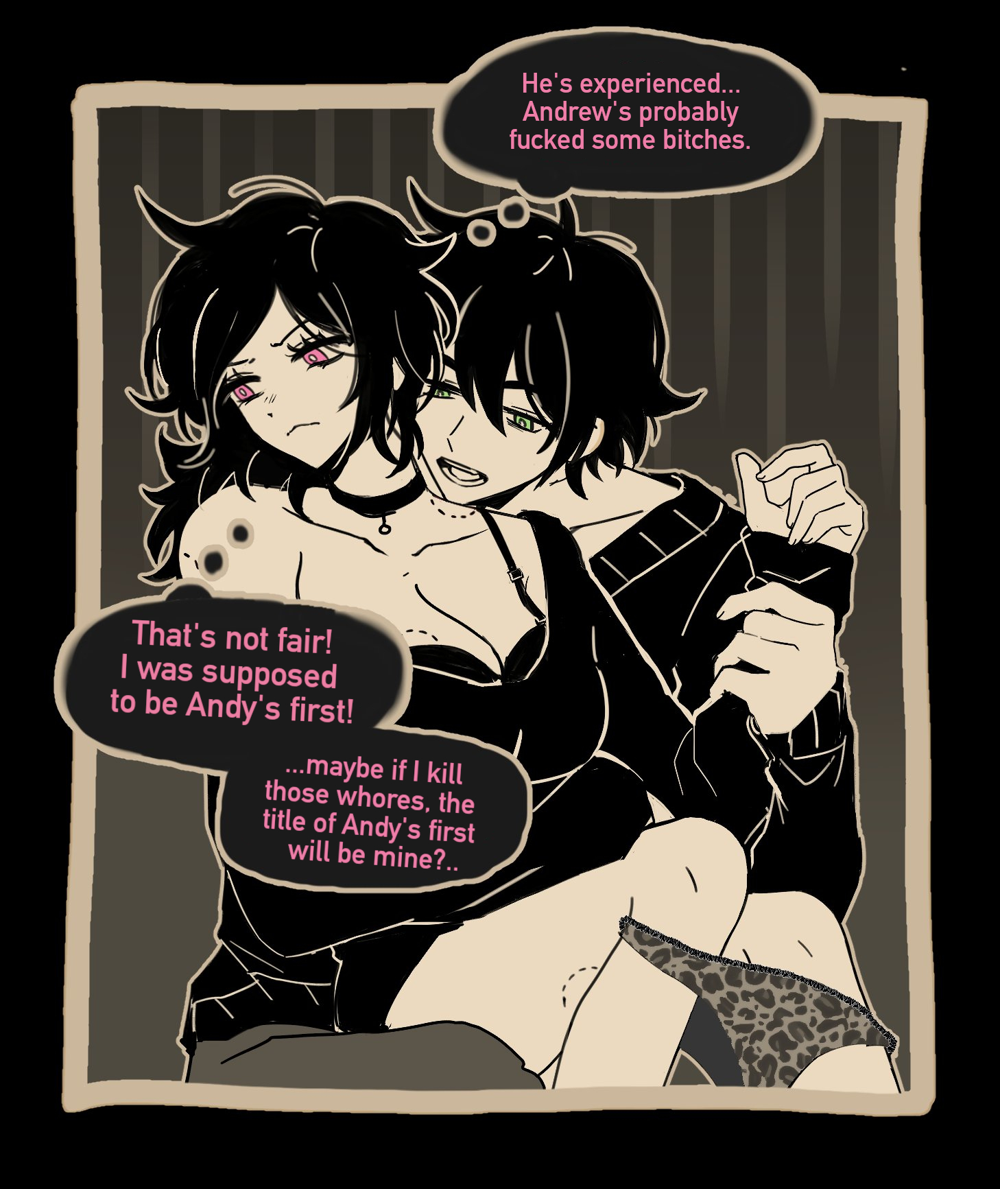 1girls, andrew graves, ashley graves, big breasts, black hair, breasts, brother, brother and sister, dominant, female, female focus, female only, green eyes, open mouth, panties, panties down, pink hair, sister, sister and brother, the coffin of andy and leyley