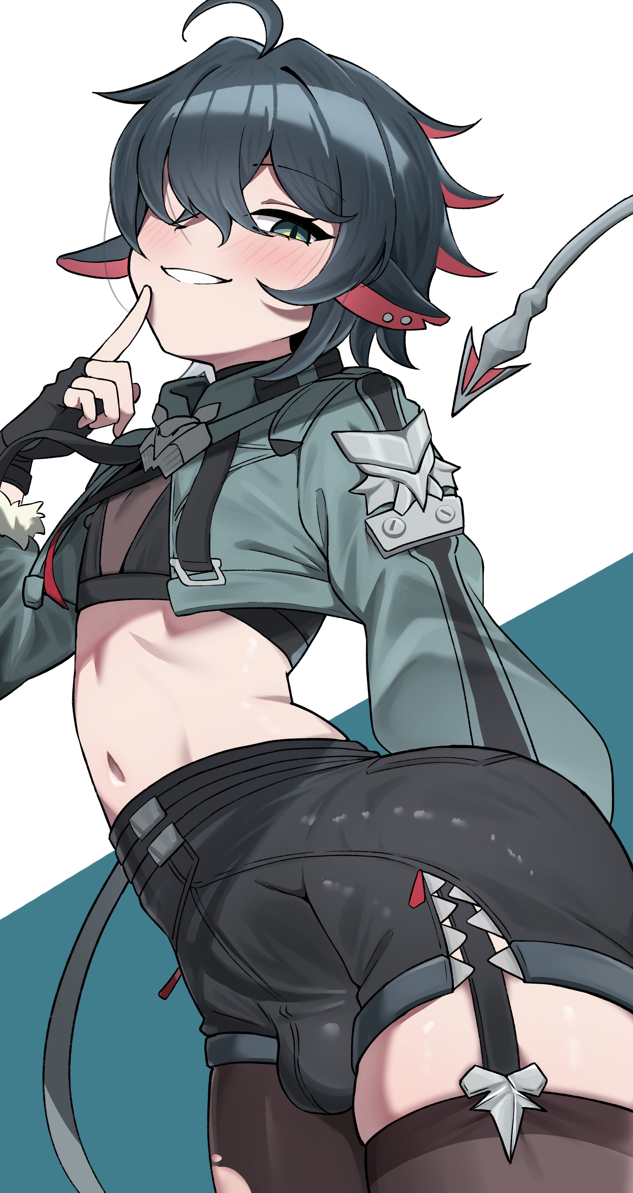 1boy, 2026, ass, femboy, hashira 14, jane doe (zenless zone zero), john doe (zenless zone zero) (scopeophilia), light skin, light-skinned male, looking at viewer, looking back, male, male only, rule 63, thick thighs, thighs, white background, wide hips, zenless zone zero