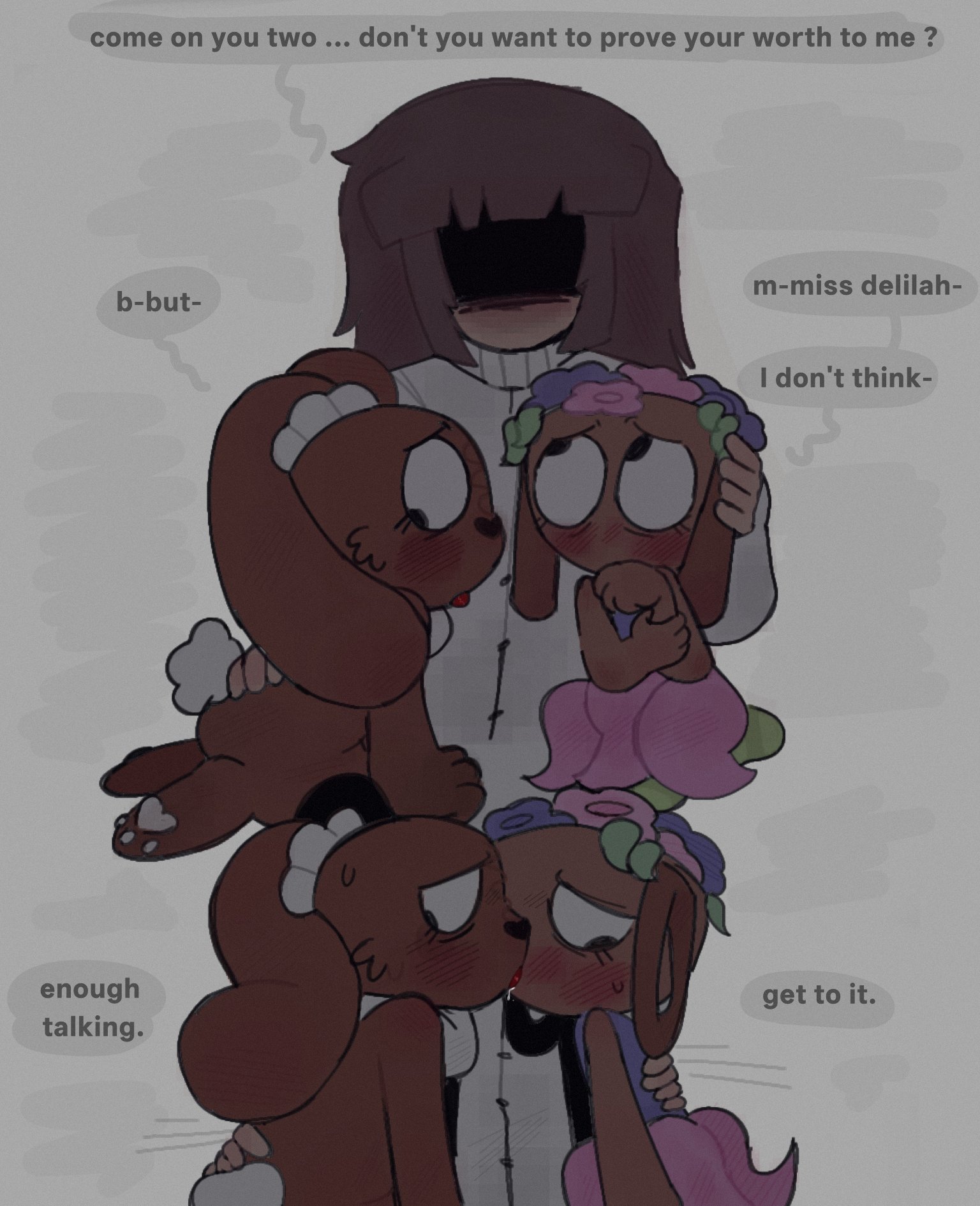 abuse, bassie (dandy's world), bunny ears, bunny girl, cloudyhehe, cocoa (dandy's world), dandy's world, delilah keen (dandy's world), flowers, forced kiss, kissing, nonconsensual, roblox, roblox game