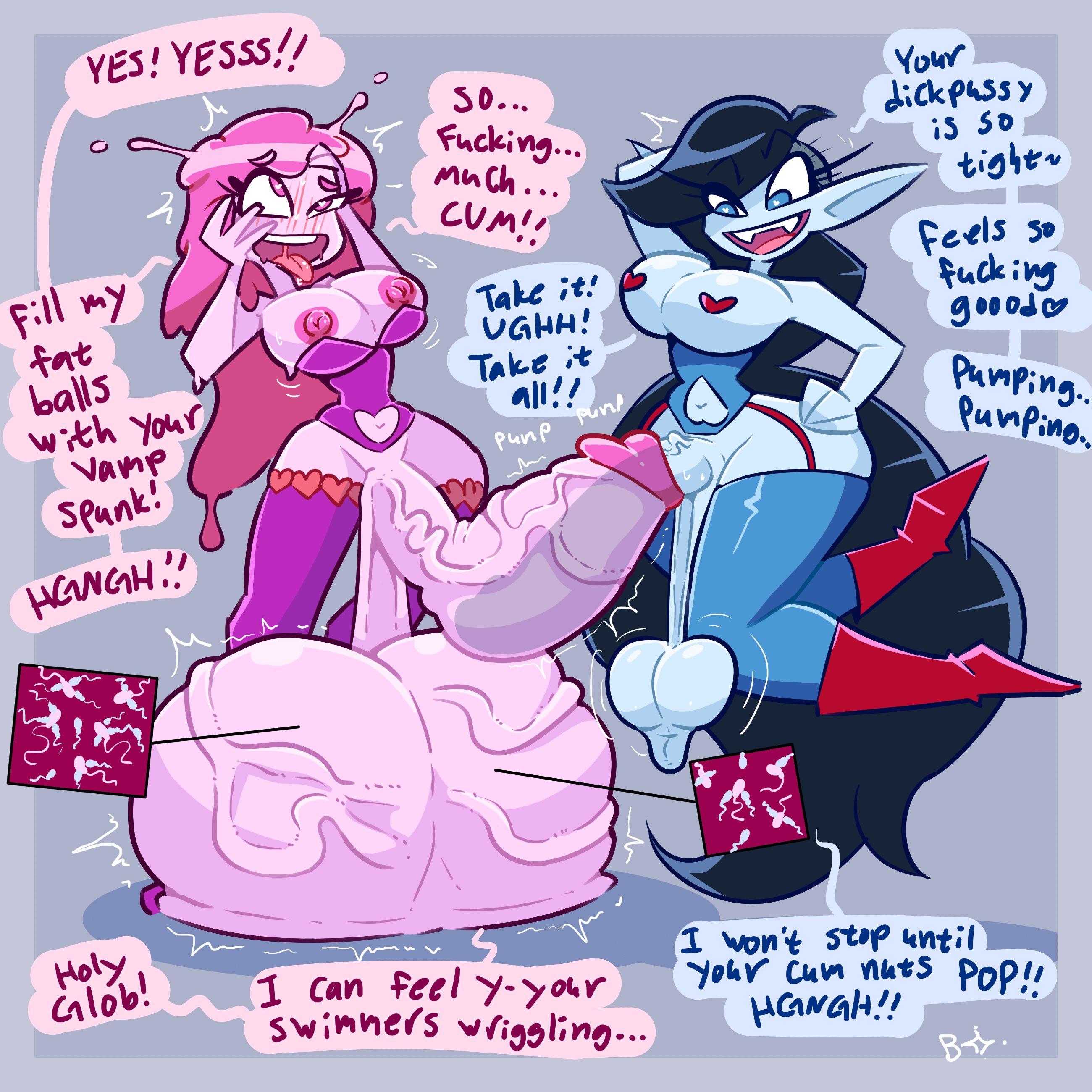 2futas, adventure time, ahe gao, areolae, balls inflation, balls on floor, balls to ground, belly button, belly cutout, blightstar, blush, boots, breasts, bubblegum girl, cum, cum in balls, cum inside, dialogue, docking, english text, exaggerated anatomy, eyes rolling back, fangs, floating, futa on futa, futa only, futanari, huge balls, hung, hung futa, large breasts, large penis, marceline, nipples, one eye half-closed, orgasm, oversized balls, pasties, penis, penis in penis, penis silhouette, penis size difference, princess bubblegum, rolling eyes, shaved side, speech bubble, sperm meets sperm, sperm war, stretched balls, thighhighs, tongue, tongue out, urethra, urethral, urethral insertion, urethral penetration, vampire