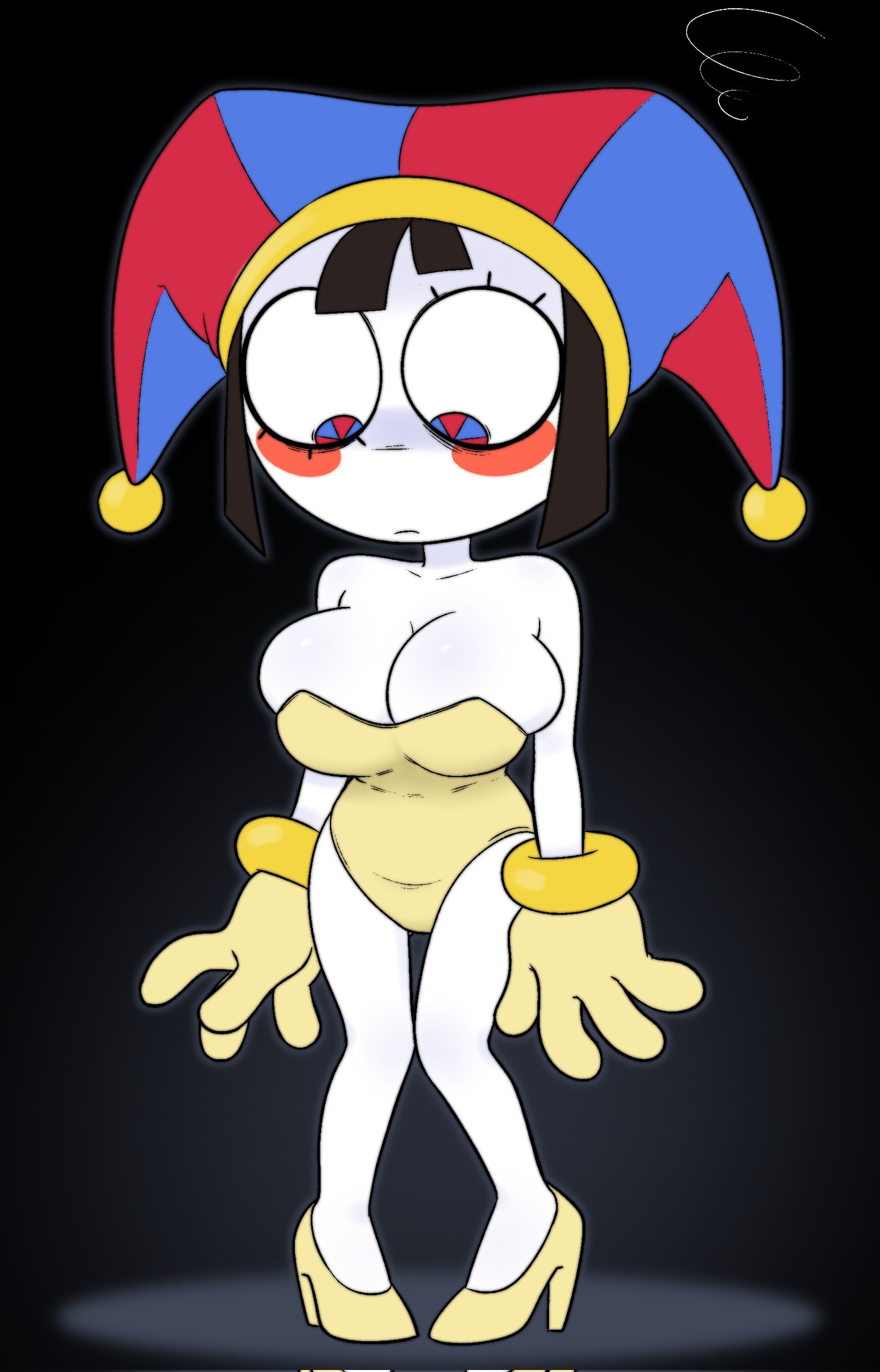 avidagrem2, big breasts, golden clothing, high heels, jester hat, pale-skinned female, pomni, pomni (dancer outfit), pomni (the amazing digital circus), the amazing digital circus