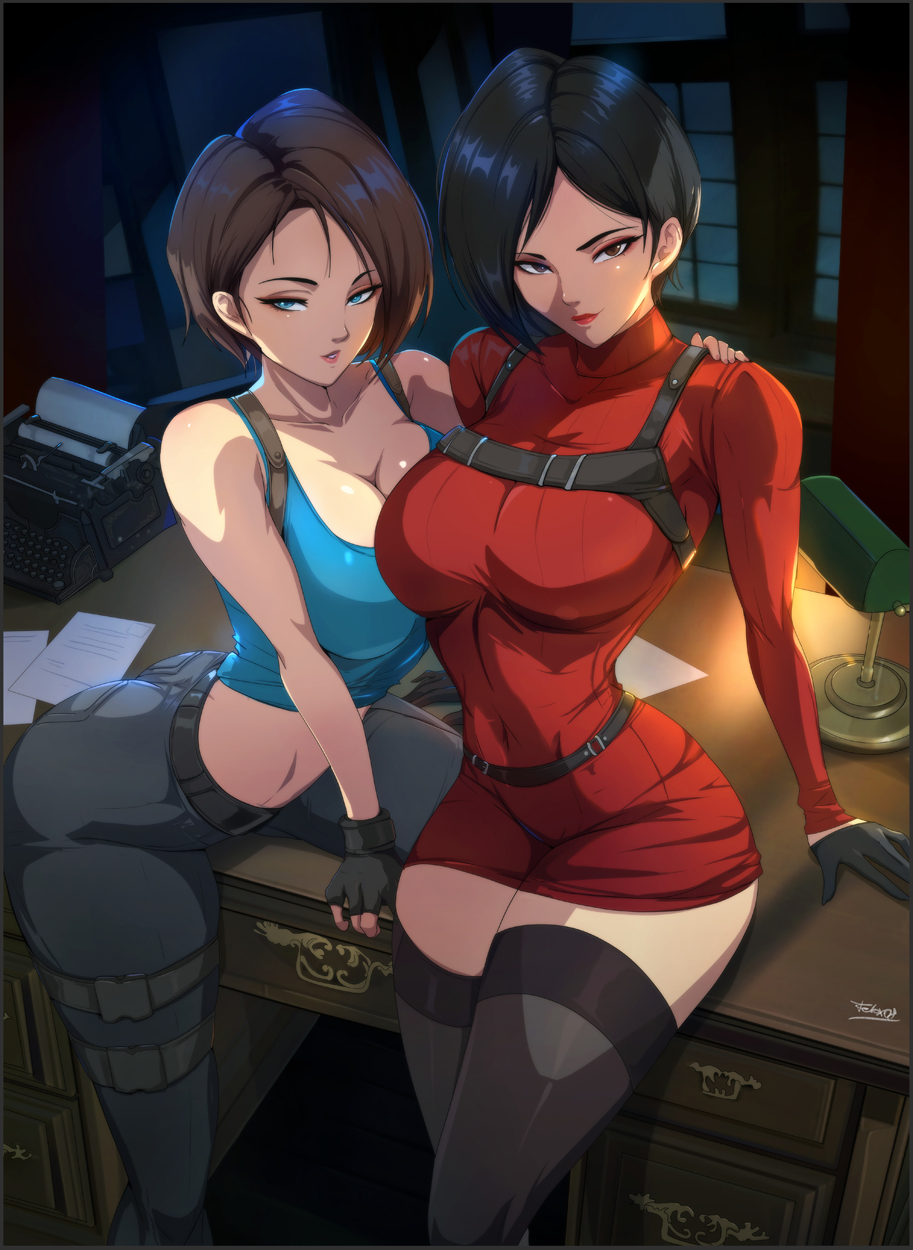 2girls, ada wong, bare arms, bare shoulders, big breasts, black hair, brown hair, capcom, clothed, clothing, color, felox08, female, female focus, female only, hi res, jill valentine, large breasts, light skin, light-skinned female, looking at viewer, resident evil, resident evil 2, resident evil 3, short hair, solo female, stockings, tagme, thick thighs