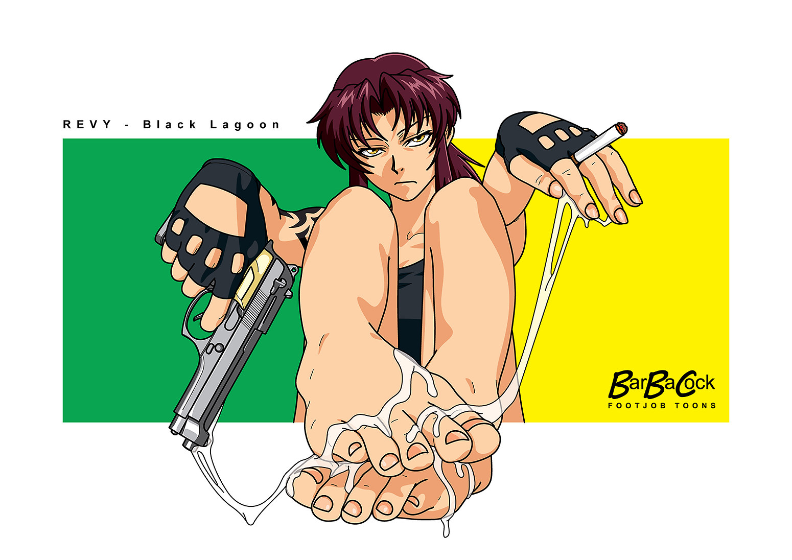 1girls, barbacock, black lagoon, cigarette, cum, cum between toes, cum on feet, feet, female, female only, foot fetish, foot focus, footjob, gun, revy, solo, toes