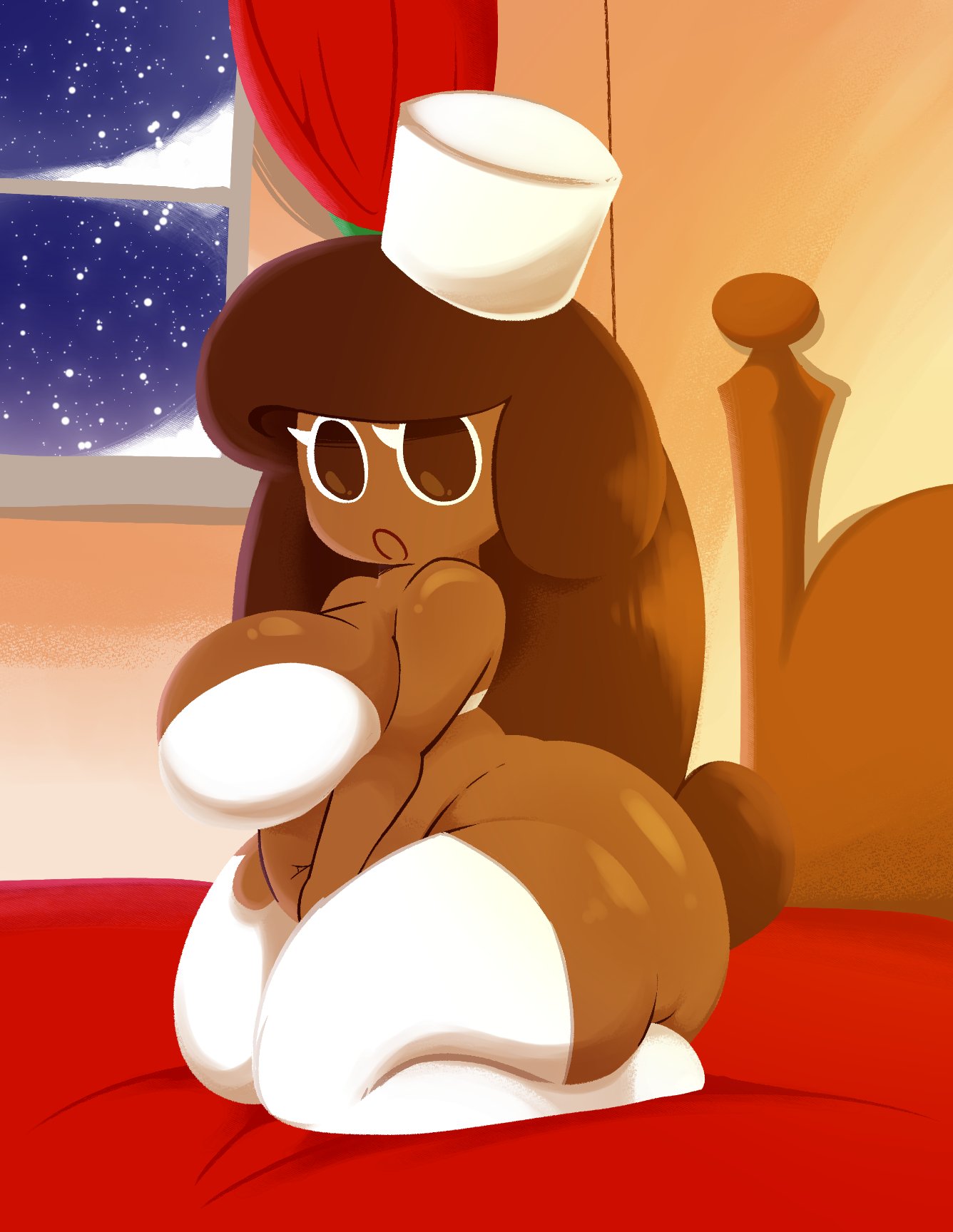 1girls, almost naked, bra, brown eyes, brown hair, chubby, chubby female, cocoa cookie, cookie run, cookie run kingdom, cookie run ovenbreak, dark-skinned female, female only, hat, indoors, looking at viewer, nebeeafterdark, on bed, snowing, stockings, window