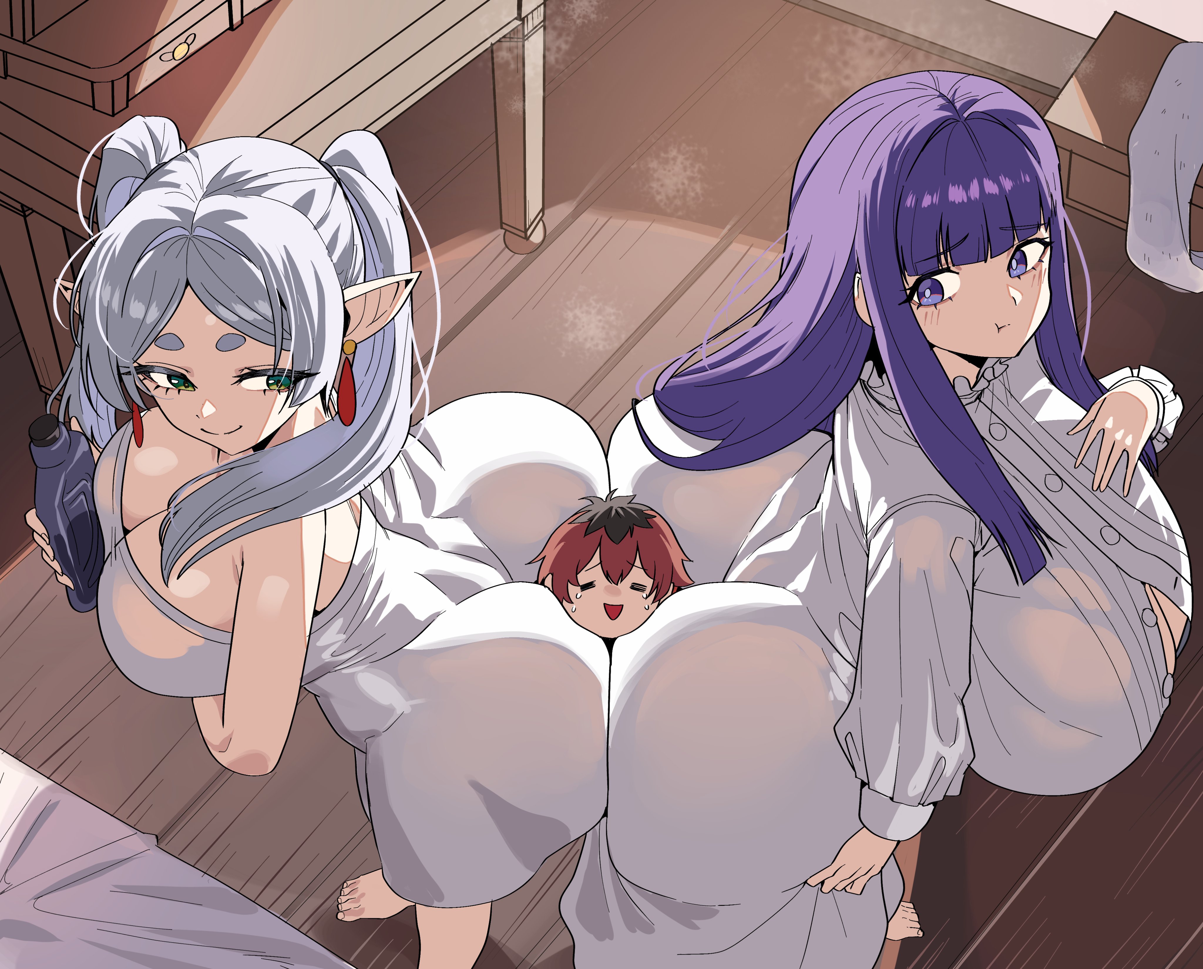 1boy, 2girls, anime, annoyed, annoyed expression, ass, ass in dress, ass sandwich, big ass, big breasts, breasts, button gap, clothed, clothed male, dress, extreme size difference, fern (sousou no frieren), frieren, frieren beyond journey's end, gamjasssak, huge ass, large boobs, large breasts, mage, manga, short hair, short hair male, size difference, sousou no frieren, stark (sousou no frieren), surrounded by ass, teasing, warrior