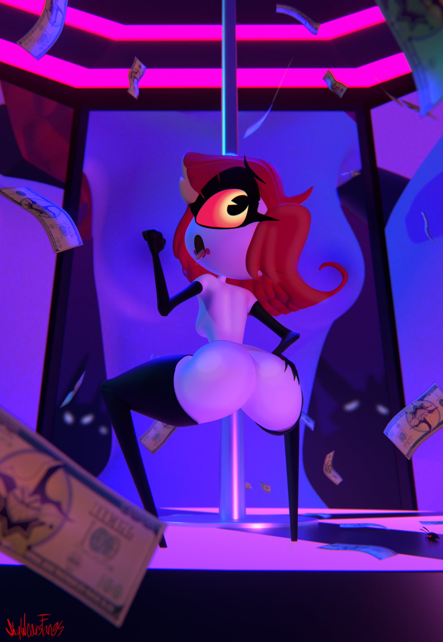 3d, ass, dollar bills, hazbin hotel, looking back, niffty, nude, nude female, stripper, stripper pole