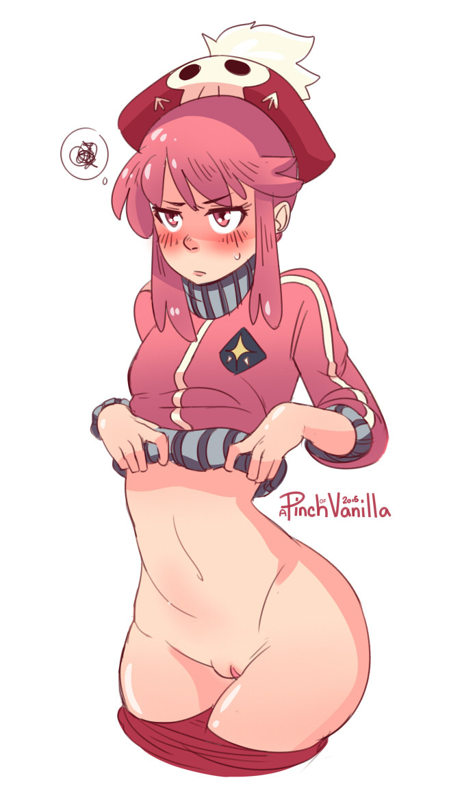 1girls a_pinch_of_vanilla blush blushing exposed_pussy female female_only flashing jakuzure_nonon kill_la_kill leaning pink_eyes pink_hair shaved_pussy solo vagina