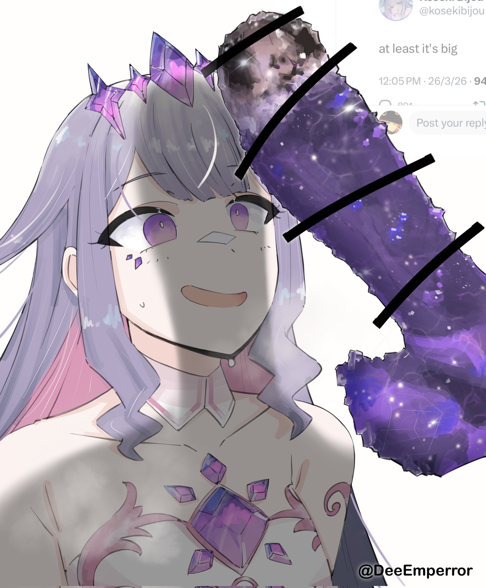 1girls, amethyst (gem), censored, deeemperror, extraordinary amethyst quartz (meme), hololive, hololive english, koseki bijou, koseki bijou (1st costume), looking at penis, meme, penis, penis awe, purple eyes, purple hair, text, twitter username, virtual youtuber, vtuber, white background
