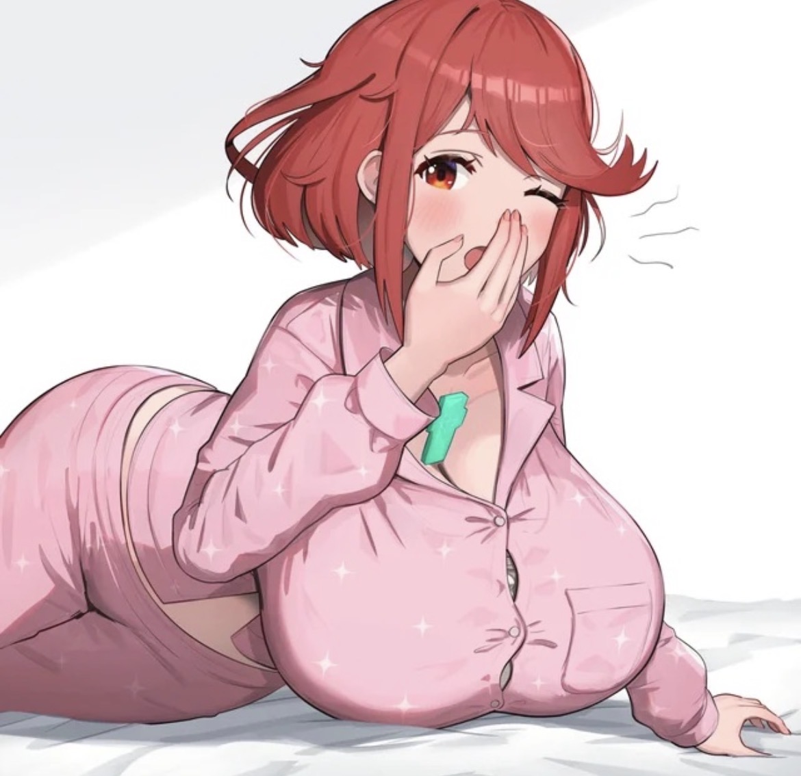gonzarez, huge breasts, pajamas, pyra, red hair, short hair, tired, xenoblade (series), xenoblade chronicles 2, yawn