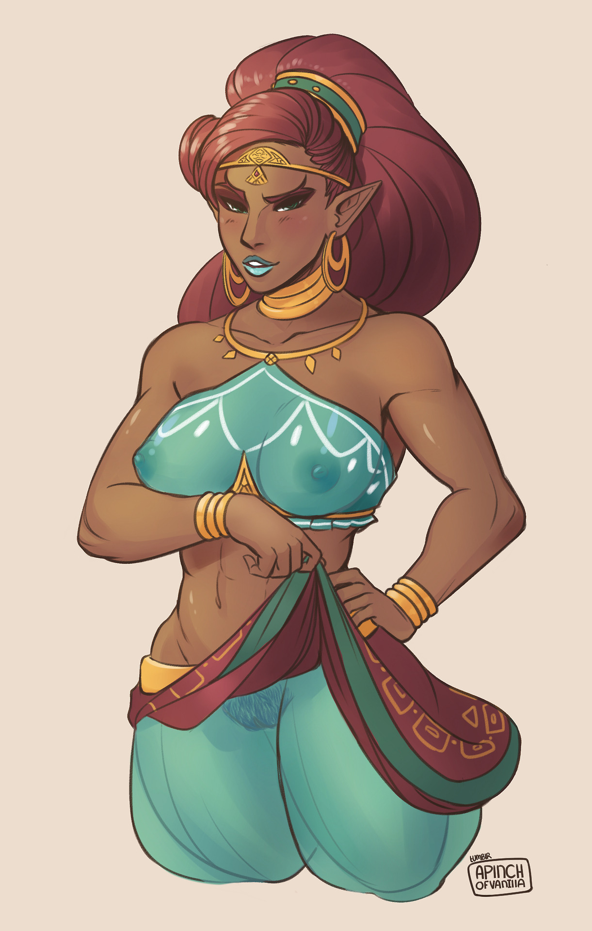 1girls, a pinch of vanilla, abs, alternate costume, bare arms, bare hips, bare midriff, bare shoulders, big breasts, big thighs, breasts, breath of the wild, brown skin, clavicle, clothed, clothed female, dark skin, dark-skinned female, exposed pussy, female, female only, fit, gerudo, gerudo sirwal, gerudo top, gerudo veil, hair up, hairy pussy, hips, long hair, medium breasts, midriff, muscular, muscular female, no bra, no panties, presenting pussy, pubic hair, pussy, red hair, see-through, shiny breasts, shiny skin, shoulders, skirt lift, solo, solo focus, the legend of zelda, thighs, toned, toned female, uncensored, urbosa