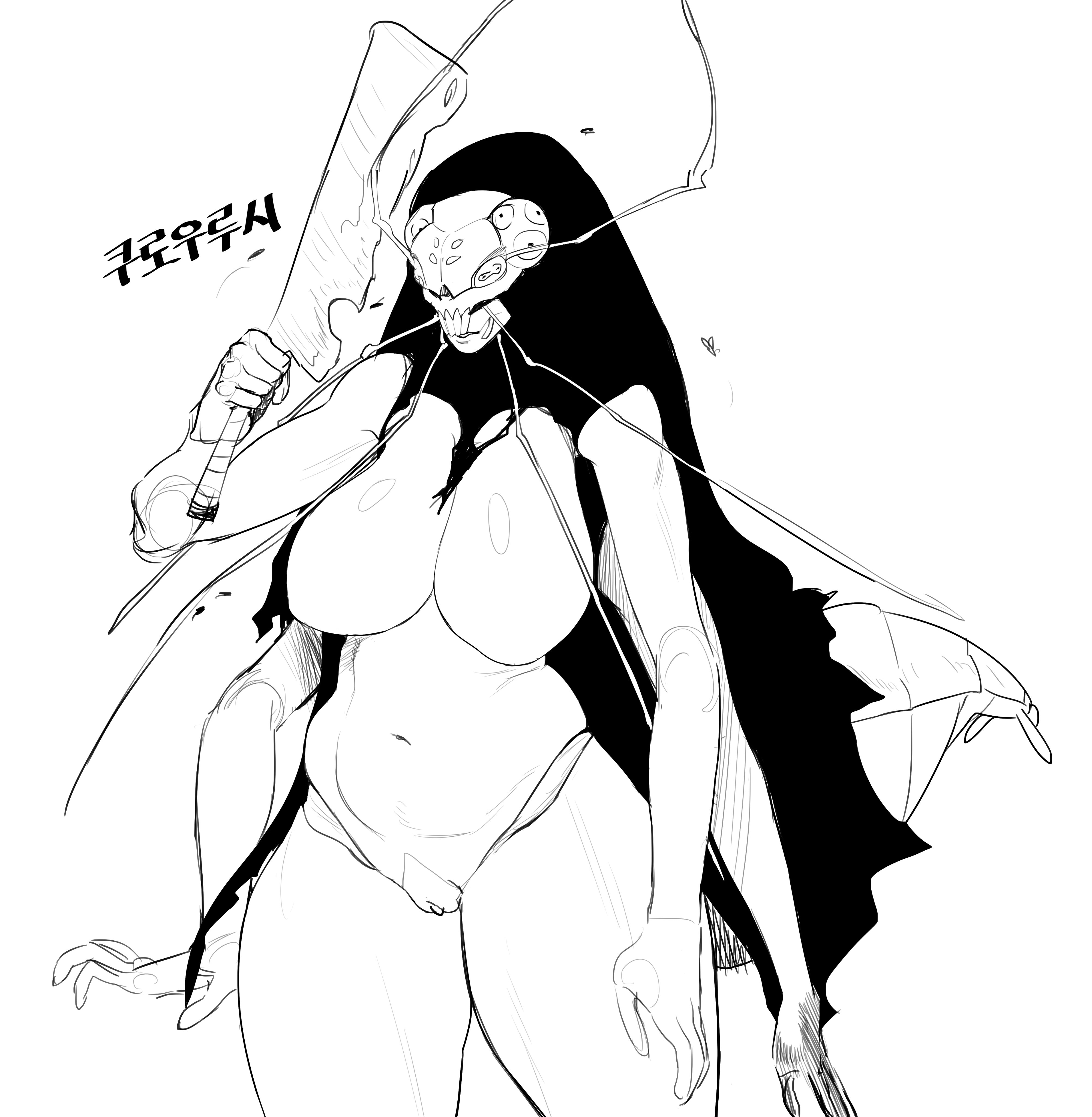 1girl, antennae (anatomy), anthro, areola, arthropod, belly, big breasts, biped, black and white, blattodean, bodily fluids, breasts, carsen, clothing, cockroach, curvy figure, female, genitals, hi res, insects, jujutsu kaisen, korean text, kurourushi, monster, multi arm, multi eye, multi limb, nakge06, navel, simple background, solo, squish, sweat, sword, tagme, teeth, thick thighs, vulva, white background, yokai