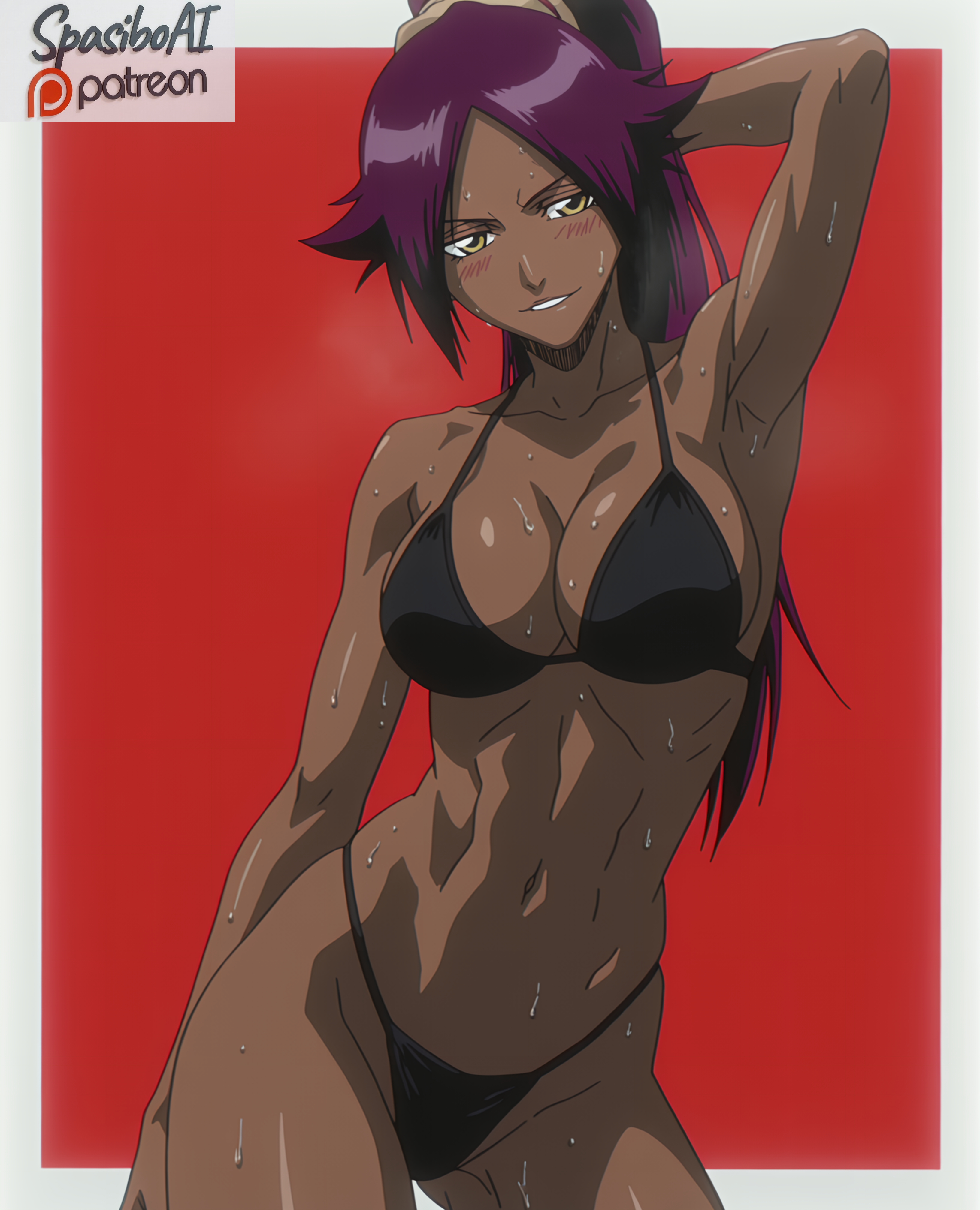 abs, ai generated, arm behind head, arm up, armpits, ass visible through thighs, bikini, black bikini, bleach, blush, border, breasts, cleavage, collarbone, contrapposto, cowboy shot, dark skin, dark-skinned female, female, highleg, highleg bikini, highleg swimsuit, large breasts, long hair, looking at viewer, navel, parted lips, ponytail, purple hair, red background, shihouin yoruichi, shiny skin, simple background, smile, solo, spasibo15, standing, steaming body, string bikini, sweat, swimsuit, toned, wet, white border, yellow eyes