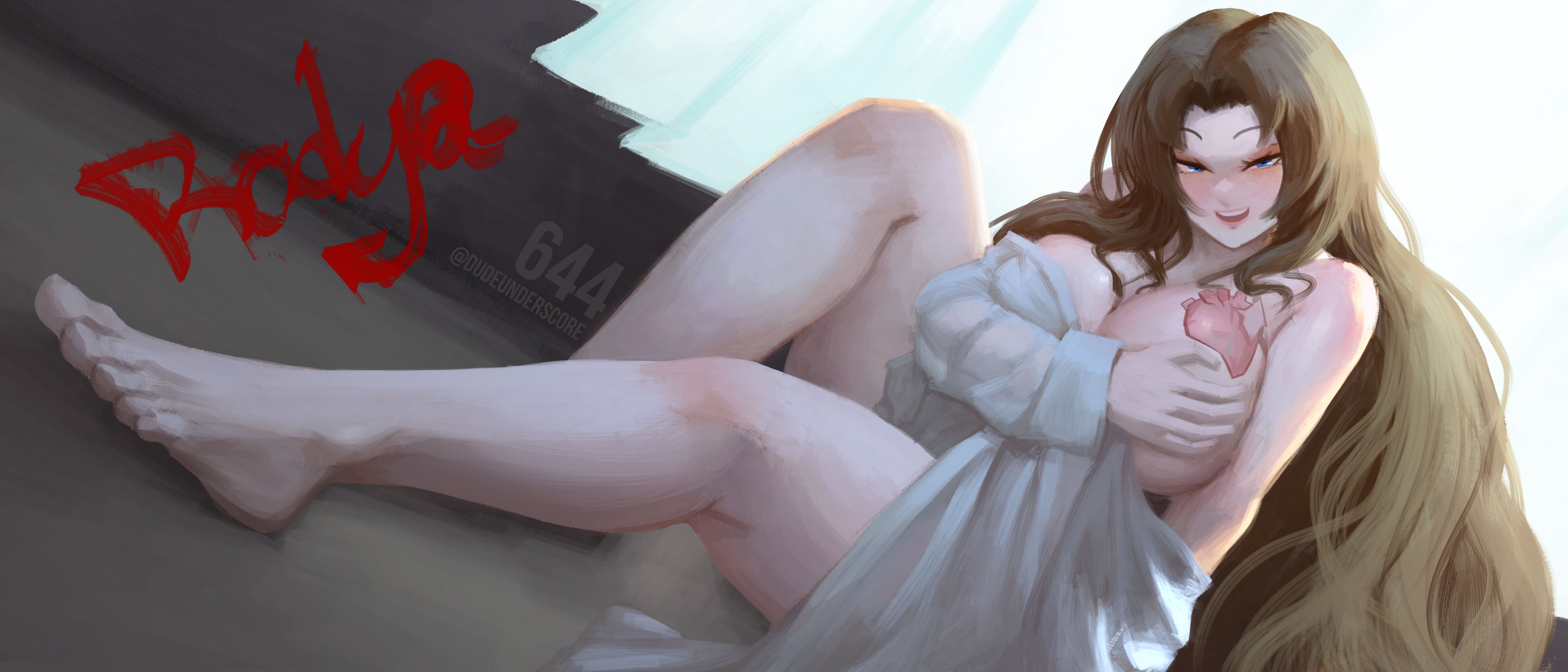 1girls, big breasts, big thighs, covering breasts, dudeunderscore, half naked, large breasts, limbus company, project moon, rodion (limbus company), tattoo, thick thighs