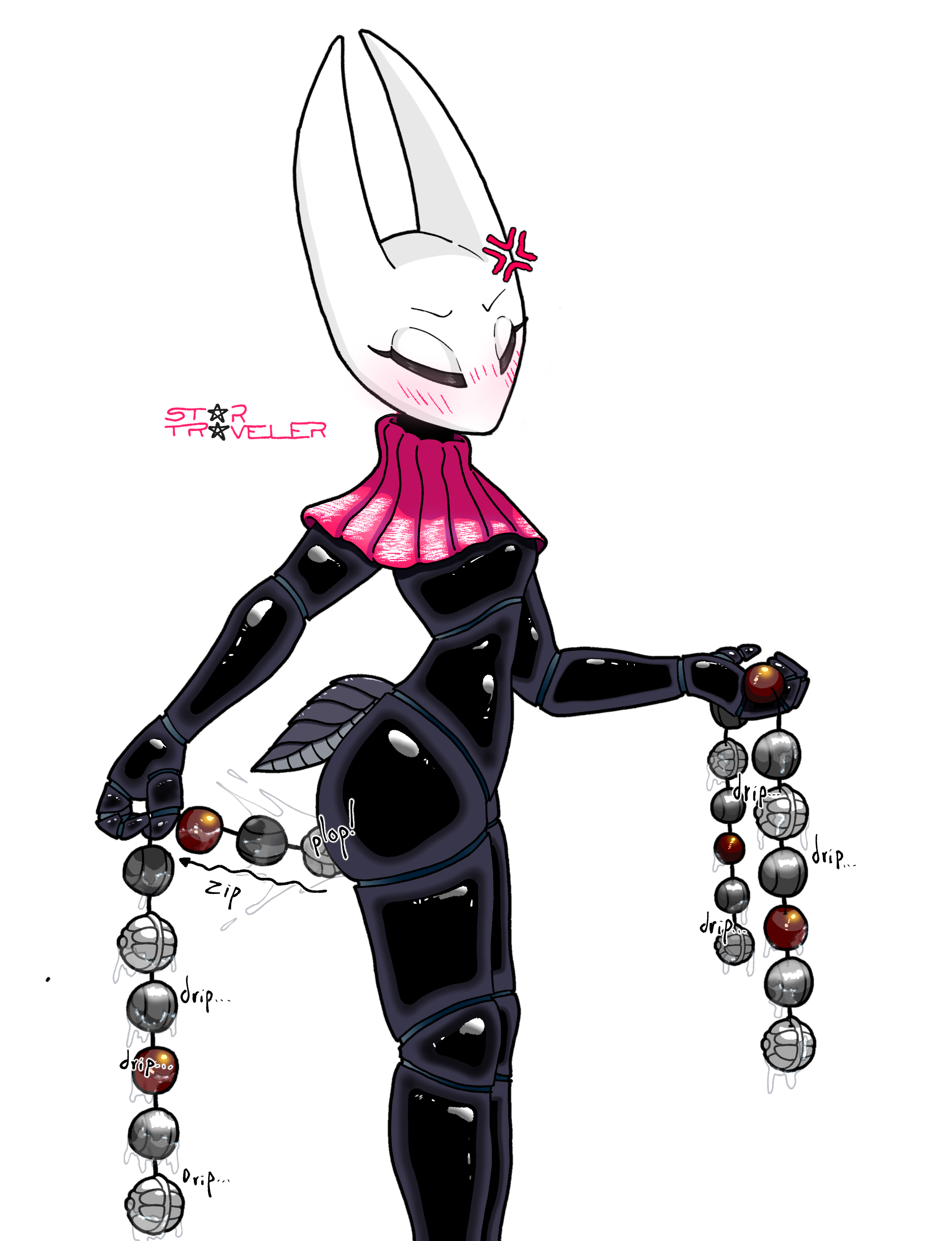 alternate version available, anal beads, anger symbol, anger vein, angry vein, artist signature, beads, beads (sex toy), blush, blush lines, blushing lines, bug girl, casual, casual exposure, casual masturbation, casual nudity, closed eyes, dark body, digital art, digital drawing (artwork), digital media, digital media (artwork), dripping, dripping wet, eyelashes, flustered, flustered female, functionally nude, functionally nude female, genital fluids, high quality, high resolution, highres, holding object, holding sex toy, hollow knight, hollow knight (franchise), hollow knight: silksong, horn, hornet (hollow knight), horns, insect abdomen, insect girl, insect humanoid, insects, mask, masked, masked female, onomatopoeia, pitch-black skin, pout, pouting, pulling, rosary, sex toy, shameless, side view, silksong, solo female, startraveler, team cherry, wet