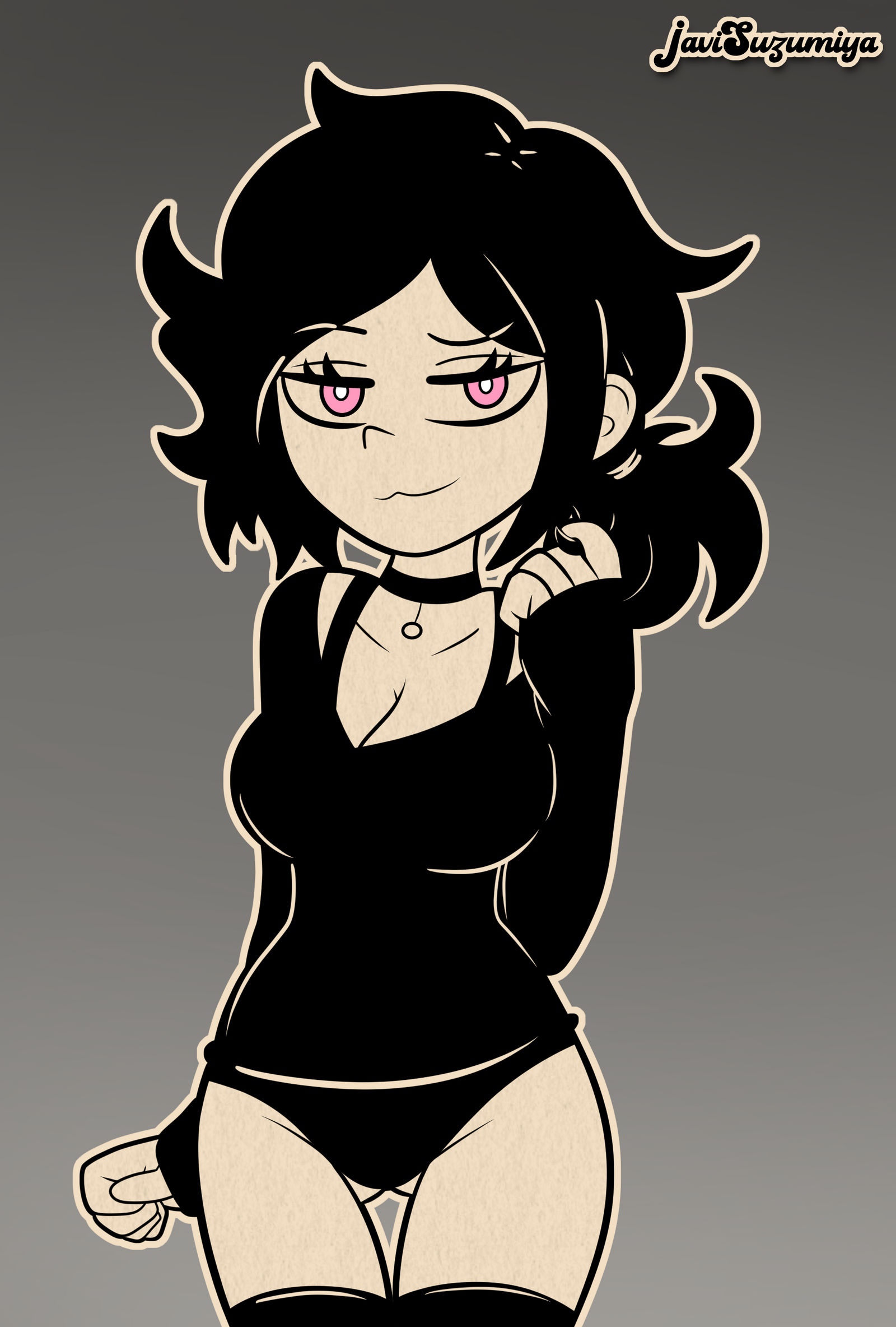 :3, 1girls, ashley graves, big breasts, black choker, black hair, breasts, choker, curvy, curvy body, curvy female, cute, cute expression, cute eyes, cute face, cute female, cute girl, evil, evil eyes, evil face, evil smile, female, female focus, female only, javisuzumiya, legs, looking at viewer, neckline, pink eyes, pussy, seducing, seduction, seductive, seductive body, seductive eyes, seductive gaze, seductive look, seductive mouth, seductive pose, seductive smile, sexy, sexy body, sexy dress, sexy female, sexy pose, the coffin of andy and leyley, thighhighs, thighs, vagina, voluptuous, voluptuous body, voluptuous female, waist, wife, yandere, yandere eyes, yandere trance