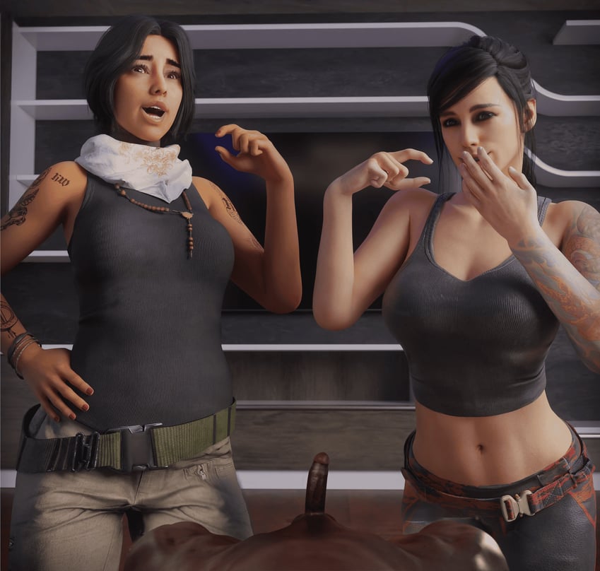 1boy, 2girls, 3d, big breasts, black hair, breasts, brown eyes, brown skinned female, call of duty, call of duty modern warfare (2019), call of duty modern warfare 2 (2022), clothed female nude male, clothing, cuckold, cuckold pov, dark skin, dark-skinned male, female, fully clothed, giggling, hand covering mouth, huge breasts, humiliation, large breasts, latina, latina female, laughing, light skin, light-skinned female, male, mara (cod), mexican, mexican female, midriff, multiple girls, navel, penis, pinching gesture, pov, small penis, small penis gesture, small penis humiliation, smile, tattoo, tiny penis, valeria garza, venezuelan