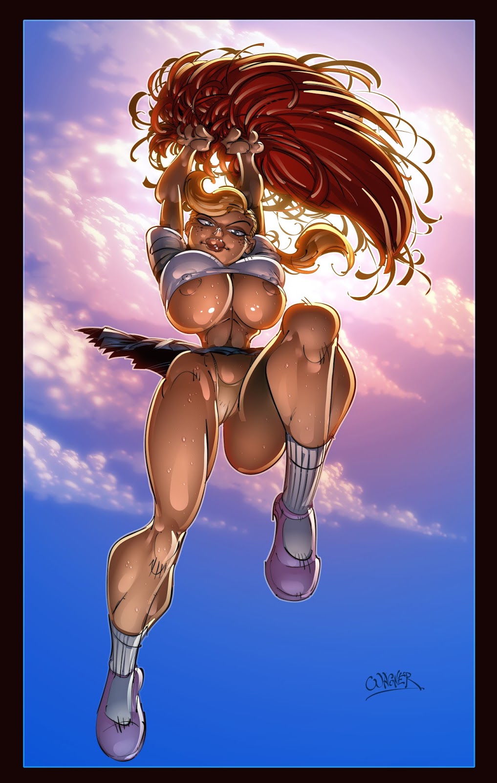 1girls aged_up ass big_breasts blue_sky breasts busty cartoon_network cheerleader curvy cute female female_only freckles grown_up huge_breasts in_the_air jumping mindy_(tgaobam) panties pom_poms red_hair redhead smile solo solo_female the_grim_adventures_of_billy_and_mandy thick_thighs wagner wide_hips