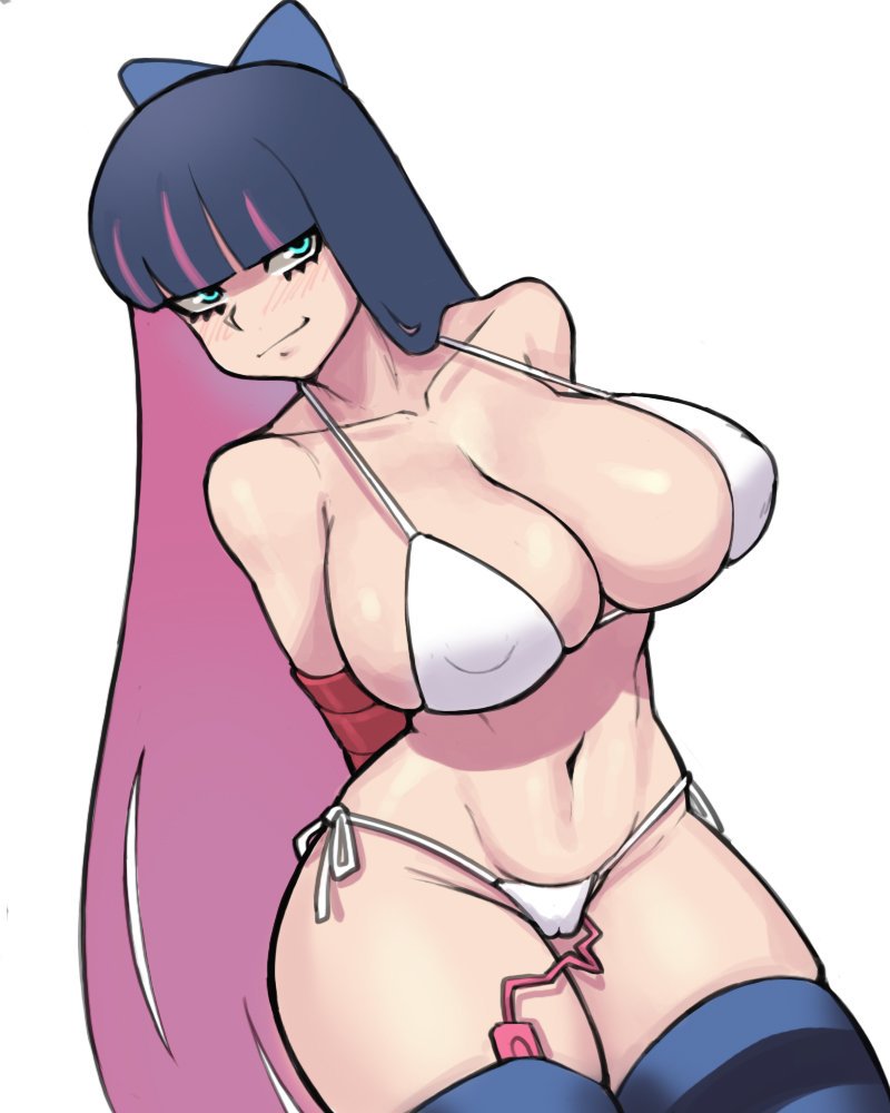1girls, arms behind back, big breasts, bikini, blue eyes, blue hair, blushing, breasts, cleavage, donburikazoku, female, female only, hime cut, huge breasts, looking at viewer, panty & stocking with garterbelt, pink hair, seductive eyes, smile, smirk, smug, solo, stocking anarchy, stockings, striped, striped legwear, tagme, thighhighs, two-tone hair, vibrator, vibrator under clothes
