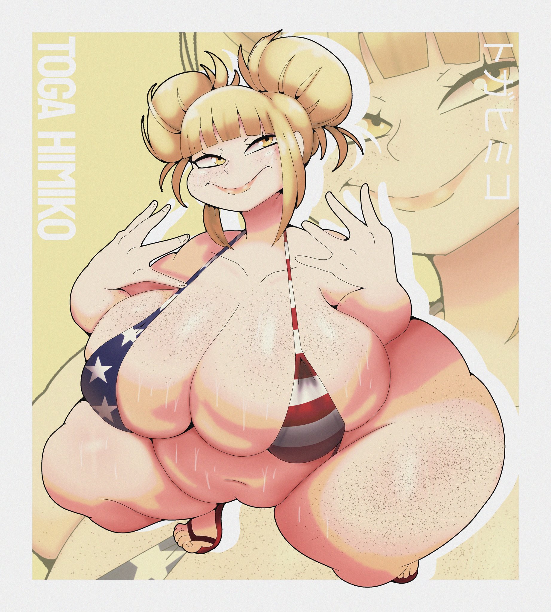 1girls, 5 fingers, 5 toes, alternate version available, american flag bikini, asian, bangs, bare shoulders, bbw, belly, belly overhang, big breasts, bikini, bikini bottom, bikini top, blonde hair, boku no hero academia, breasts, child bearing hips, chubby, chubby female, cleavage, collarbone, double bun, eyelashes, eyeliner, fat, fat female, female, female only, flip flops, freckles, freckles on breasts, freckles on face, half-closed eyes, himiko toga, hips, hips wider than shoulders, human, light skin, light-skinned female, looking up, midriff, my hero academia, navel, overweight, overweight female, paag, pose, posing, raised heel, sandals, shounen jump, solo, squatting, thedeathcrow05, thick thighs, thong bikini, thong straps, tippy toes, toga himiko, yellow eyes