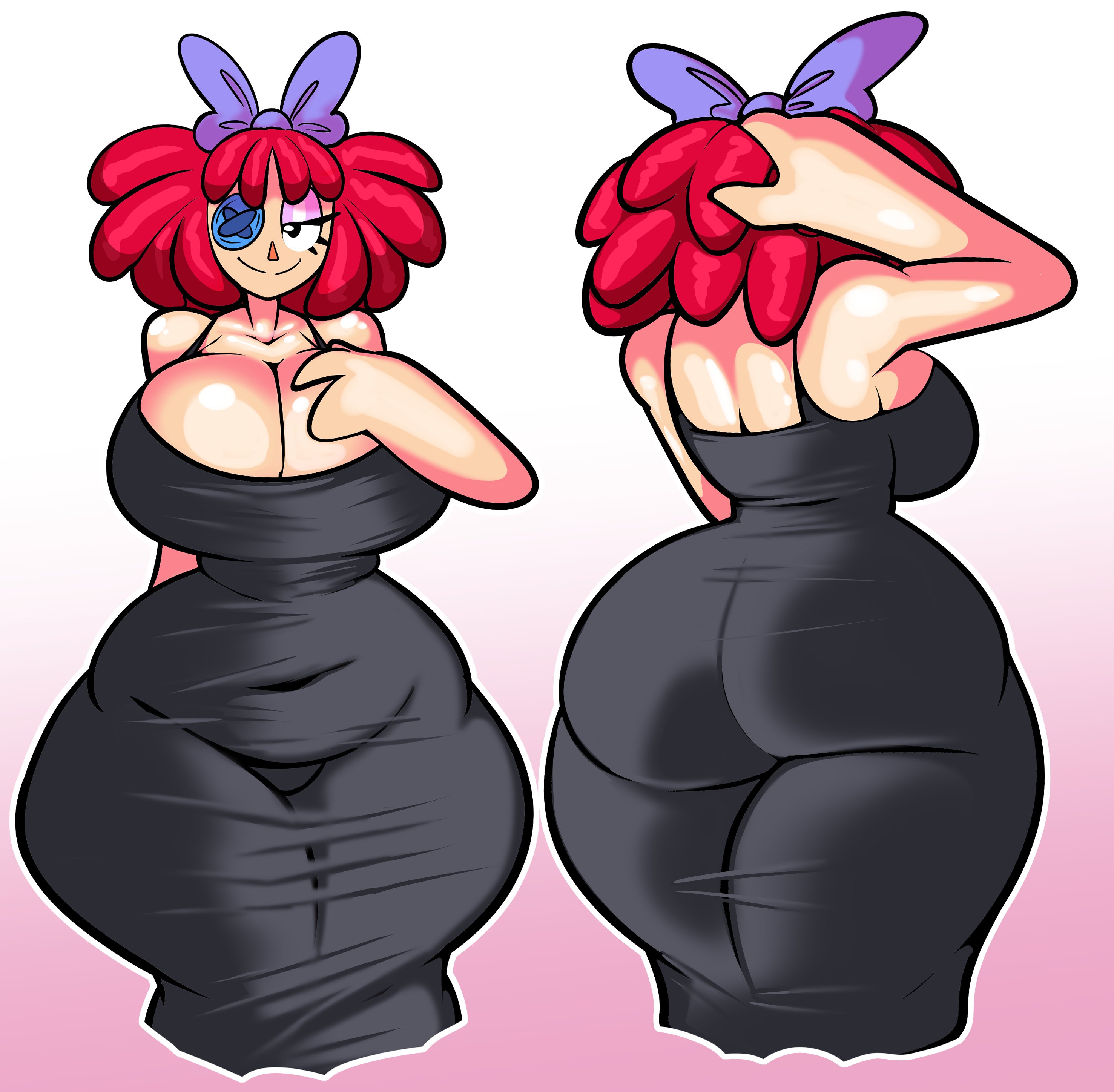 1girls, 2020s, 2026, 2026s, big breasts, black dress, captain dagon, cleavage, cleavage dress, dagon789, fair skin, fair skinned female, form fitting, front and back, glitch productions, huge breasts, jpg, massive breasts, pink background, purple bow, ragatha, ragatha (pub outfit), ragatha (tadc), ragatha (the amazing digital circus), ragdoll, red hair, seductive, seductive body, seductive look, seductive smile, simple background, smile, smiling, smiling at viewer, tadc, the amazing digital circus, tight clothes, tight dress, twitter link, two tone background, voluptuous, voluptuous female, white background