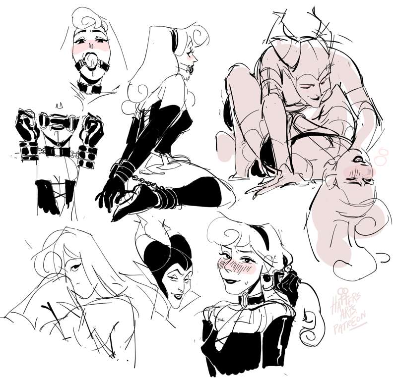2girls, aurora (sleeping beauty), ball gag, ballgag, bit gag, black boots, blush, bondage, boots, collar, disney, disney princess, elbow gloves, enemies to lovers, enemies with benefits, femdom, femsub, gag, gagged, gloves, hattersarts, high heel boots, maleficent, older dom younger sub, older female and younger female, sleeping beauty (1959 film), strap-on, thigh boots, thighhighs, yuri