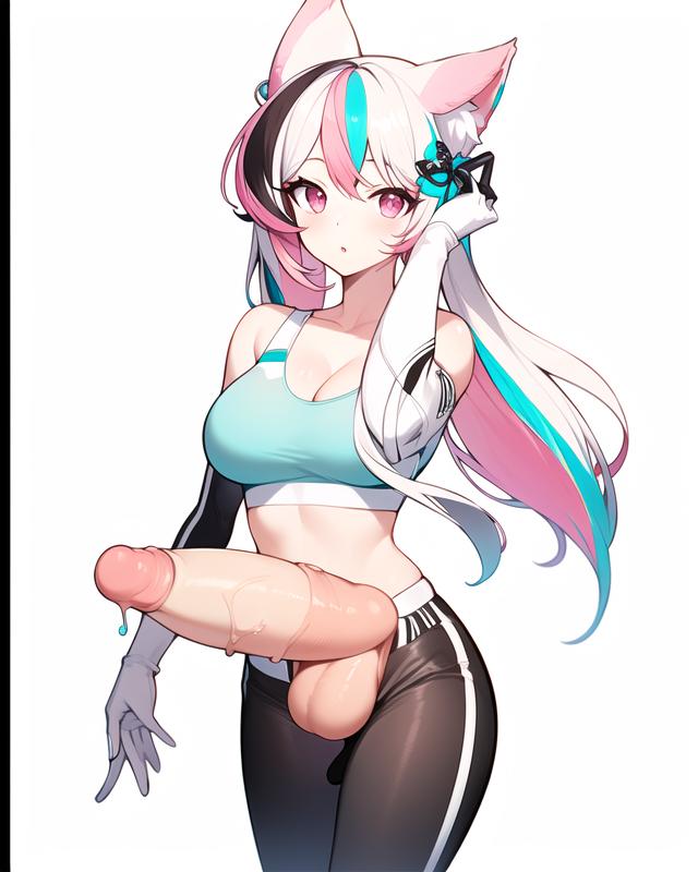 ai_generated busty cat_ears catgirl first_porn_of_character friday_night_funkin futa_only futanari gym_clothes horny_futa light_blue_hair multicolored_hair musky_cock pink_eyes pink_hair pretty_neko roa_erina slight_imperfections sweaty sweaty_balls white_hair