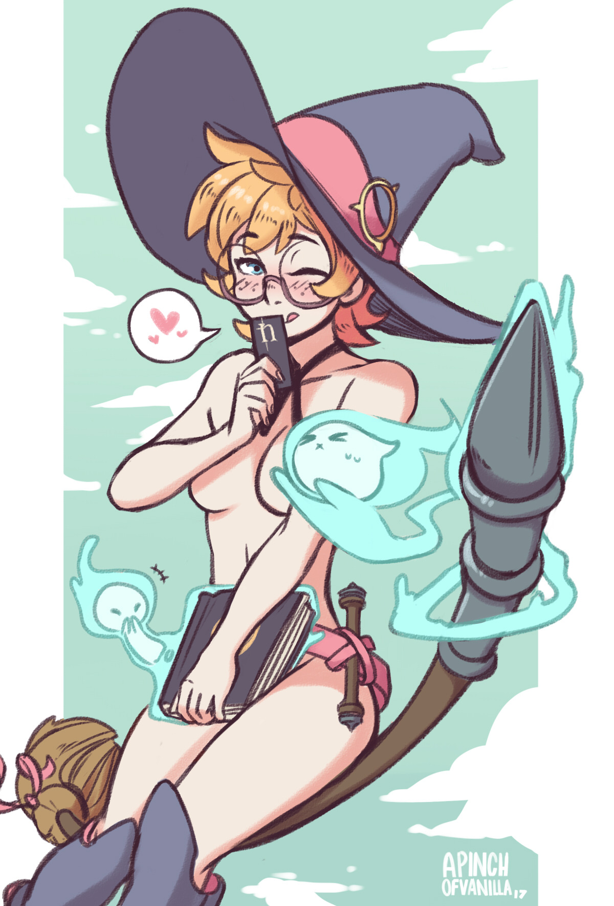 a pinch of vanilla, breasts, convenient censoring, female, glasses, little witch academia, lotte jansson, lotte yansson, nude, red hair, witch