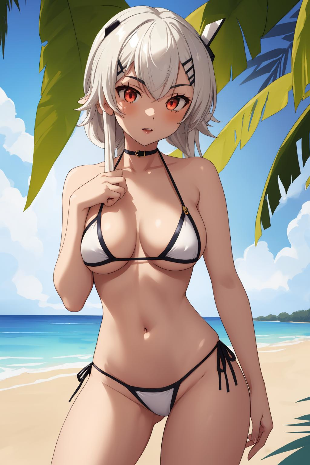 ai_generated beach bikini curvy_figure indie_virtual_youtuber orange_eyes saruei_(vtuber) sfa1903 skinny virtual_youtuber white_hair