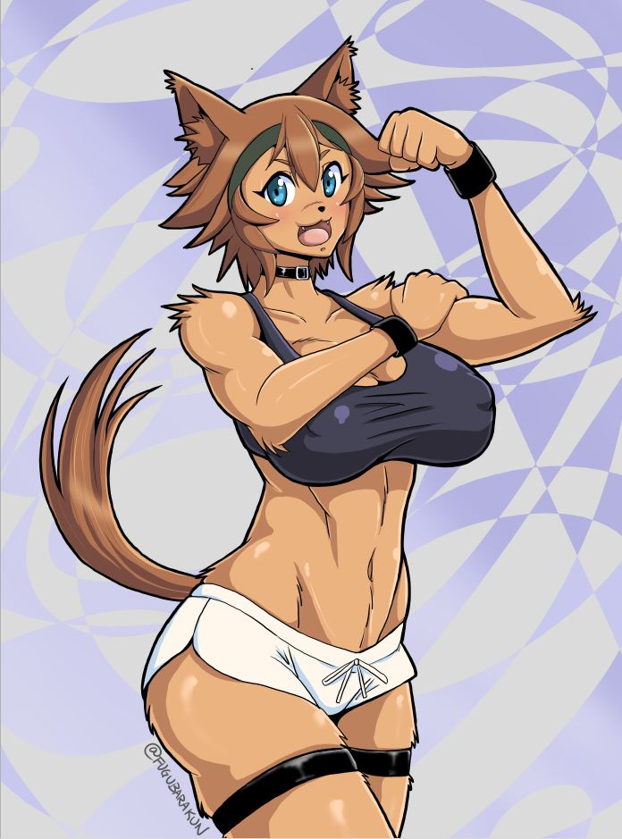 1girls, abs, animal ears, animal tail, anthro, athletic, big breasts, blue eyes, blush, breasts, brown fur, brown hair, canine, canine humanoid, clothed, clothing, dog ears, dog girl, dog humanoid, dog tail, female, female only, flexing, fugubarakun, fur, furry, monster girl, monster musume no iru nichijou, mouth open, no bra, polt, polt (monster musume), short hair, tail, text, toned, toned body, watermark, white shorts, wide hips