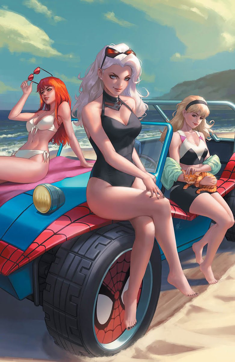 3girls, beach, bikini, black cat (marvel), felicia hardy, female, female only, gwen stacy, hairband, marvel, marvel comics, mary jane watson, official art, panties, sitting on car, spider-gwen, spider-man (series), spider-mobile