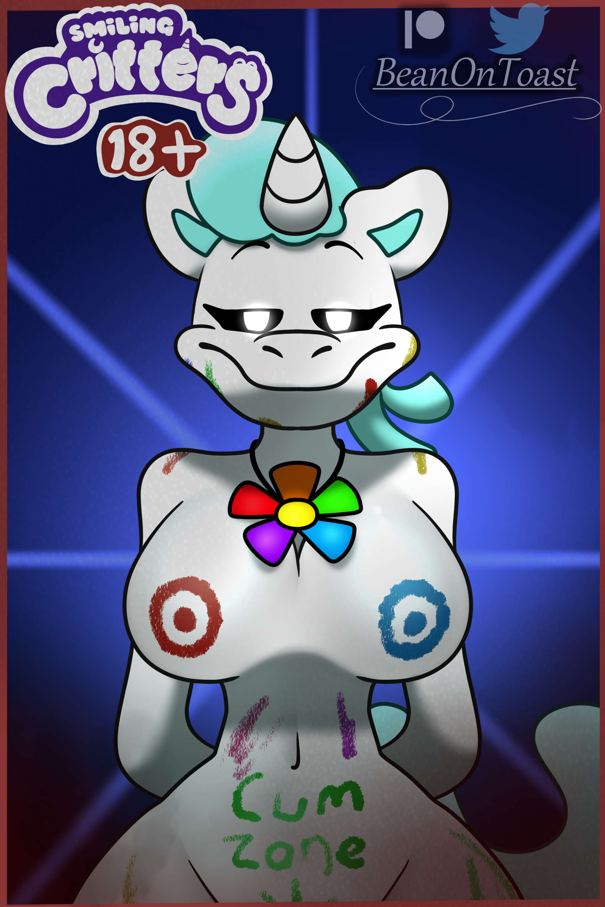 2023, 2d, 2d (artwork), 2d artwork, anthro, anthro on anthro, anthro only, beanontoast, big breasts, blue hair, breasts, crafty corn, craftycorn, critters (poppy playtime), cyan hair, cyan tail, female, female only, furry only, mischievous smile, mob entertainment, mythology, no humans, poppy playtime, poppy playtime (chapter 3), sex, smiling critters, solo, tagme, unicorn, unicorn horn, white body, white fur, white skin, wide hips, writing on body