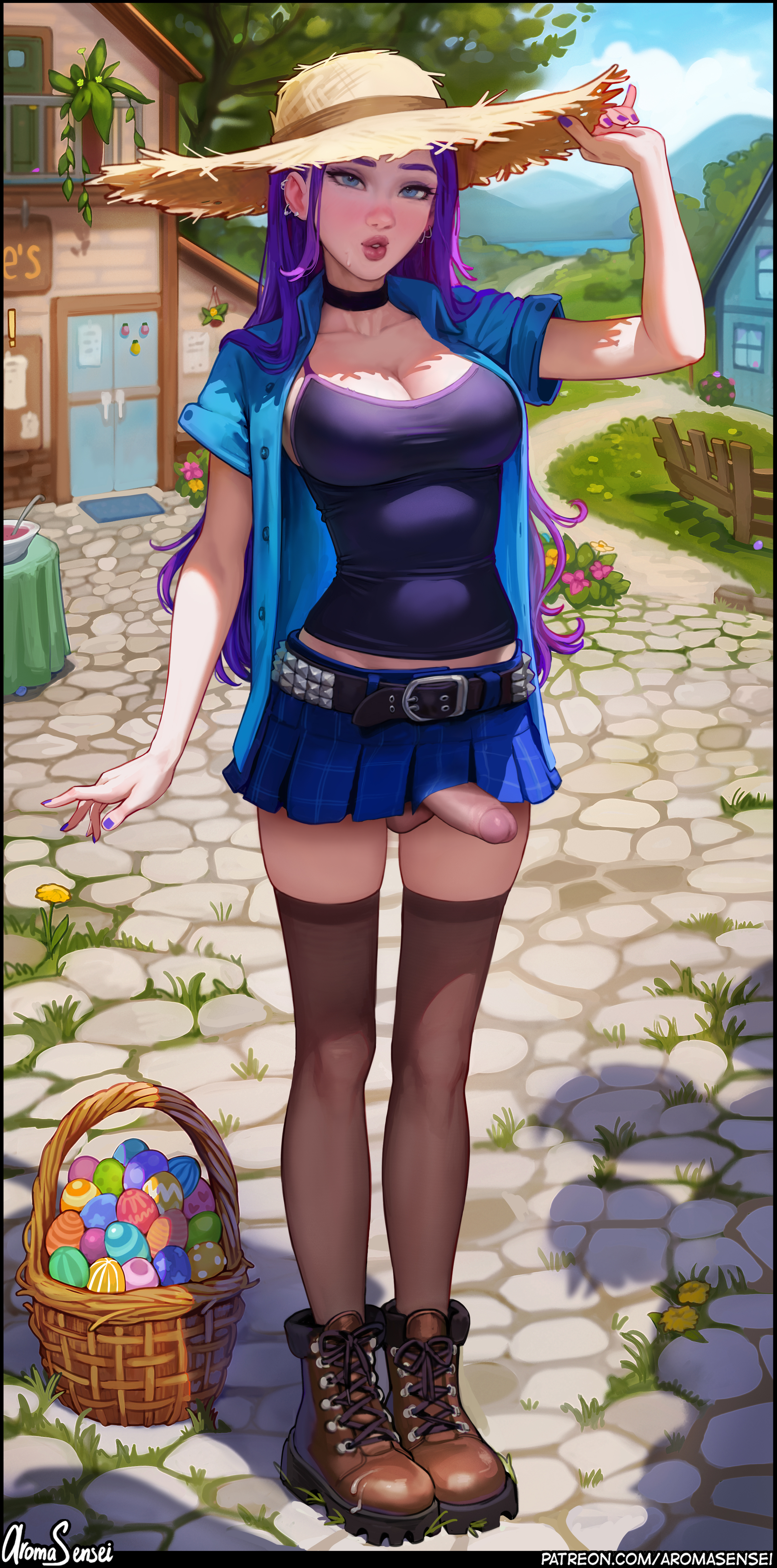 1futa, abigail (stardew valley), aroma sensei, big breasts, boots, breasts, busty, curvaceous, curvy, curvy figure, easter egg, edit, egg, erection, erection under skirt, eyebrows, eyelashes, eyes, fit, full body, futa only, futanari, hair, hat, hips, hourglass figure, human, intersex, large breasts, legs, light skin, lips, mature, outdoors, purple hair, solo, standing, stardew valley, stockings, thick, thick legs, thick thighs, thighs, top heavy, upper body, voluptuous, waist, wide hips