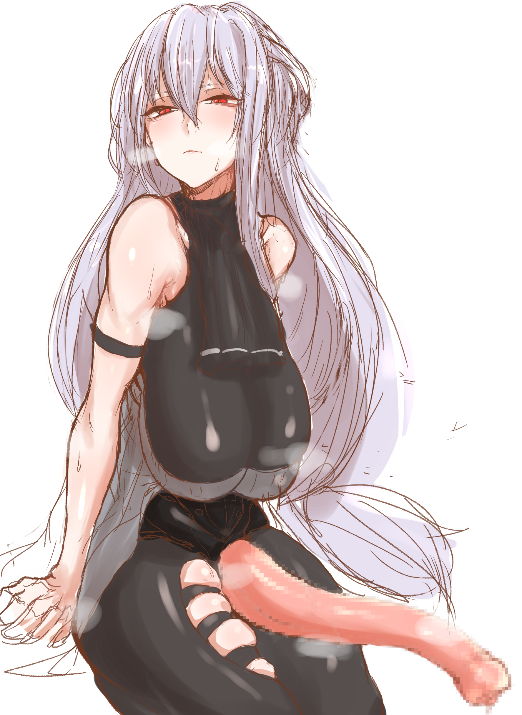 1futa, animal genitalia, arknights, big breasts, breasts, censored, censored penis, clothed, clothing, erection, futa only, futanari, huge cock, human, intersex, light skin, light-skinned futa, long hair, looking away, looking off screen, masso nullbuilt, monochrome, mosaic censoring, mostly clothed, penis, prehensile penis, red eyes, ripped clothing, ripped pants, sitting, skadi (arknights), solo, solo futa, thick thighs, white hair, wide hips