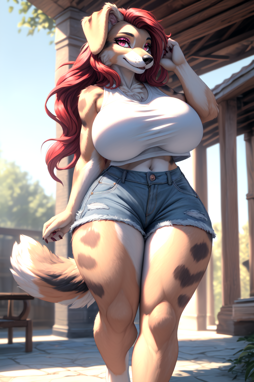 ai_generated anthro big_breasts black_fur black_nose breasts brown_fur canid canine canis crop_top curvy dog_ears dog_girl dog_tail eyeshadow facial_tuft floppy_ears fur furry hand_in_hair hourglass_figure jean_shorts large_breasts long_hair midriff navel outdoors pink_eyes red_hair shorts snout spotted_fur stable_diffusion tail thick_thighs tuft voluptuous wavy_hair wgenjoyr4539 white_crop_top white_fur wide_hips